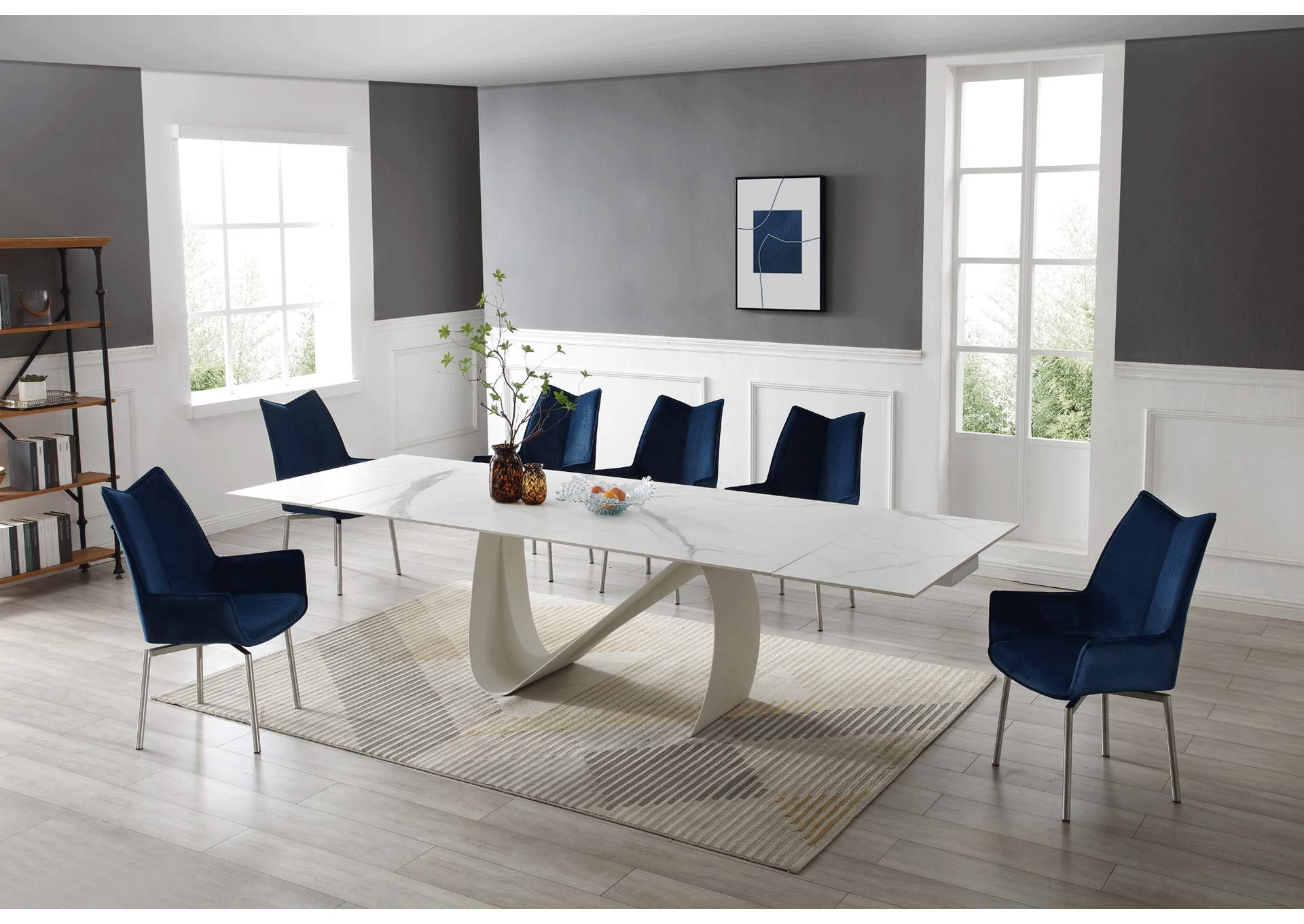 9087 Table White with 1218 Swivel Blue Chair SET,ESF Wholesale Furniture