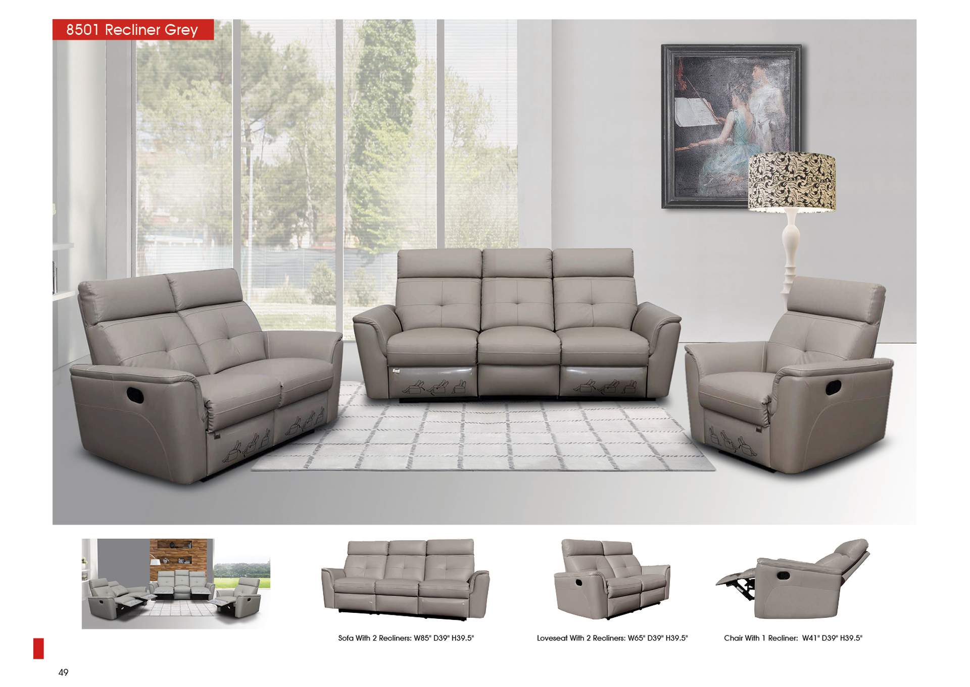 8501 Sofa with 2 Recliners Color 2922,ESF Wholesale Furniture