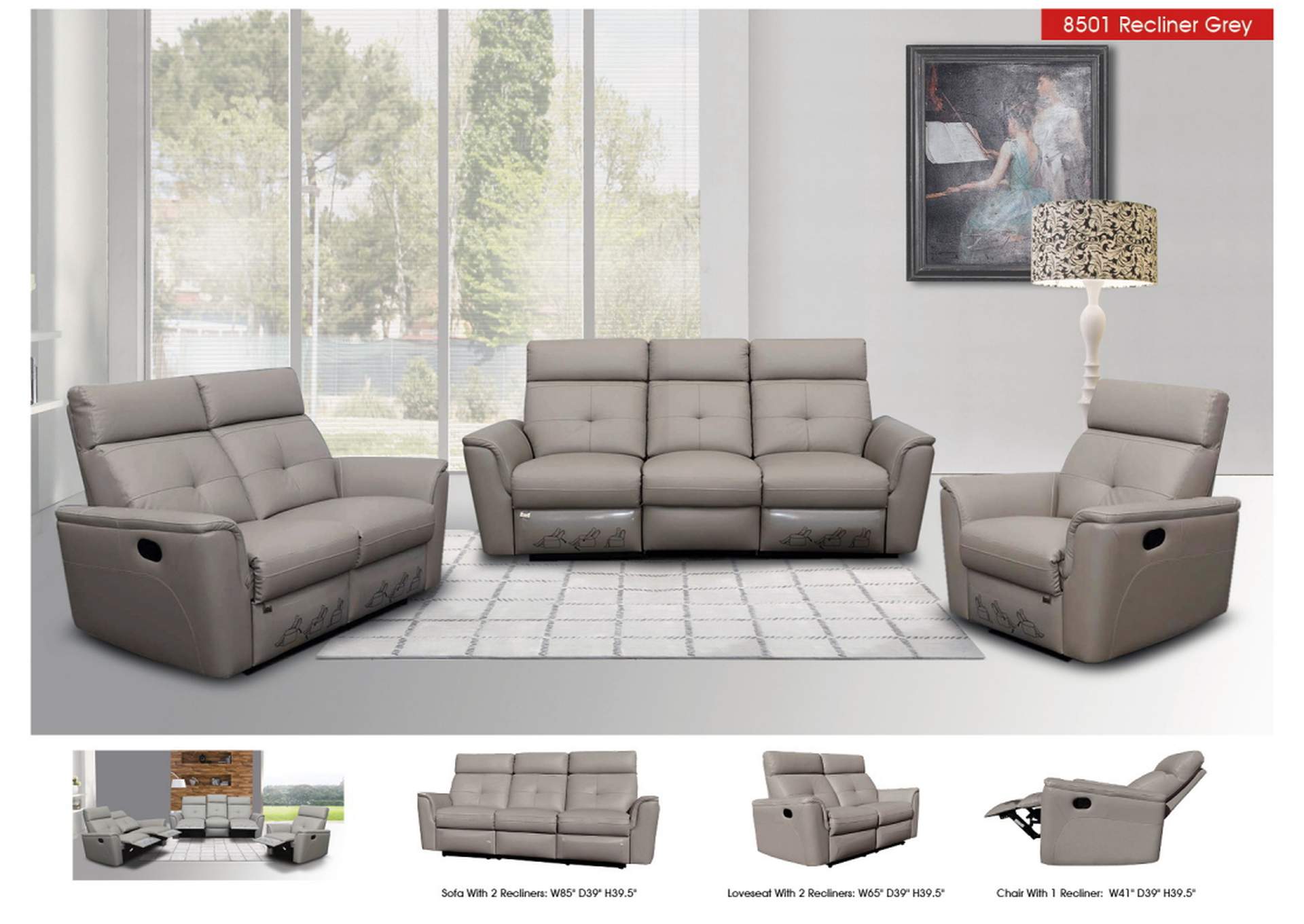 8501 Light Grey with Manual Recliners SET,ESF Wholesale Furniture
