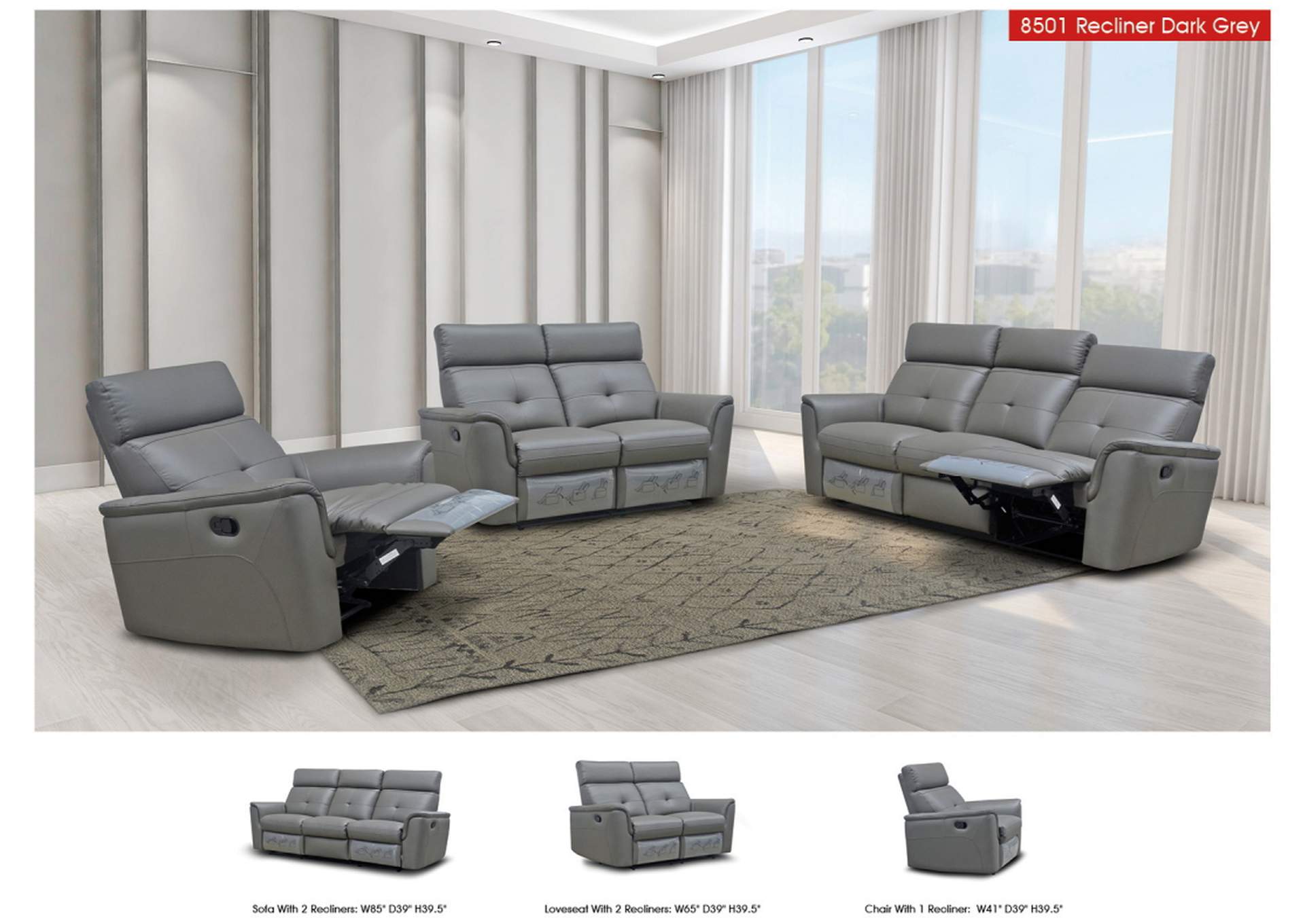 8501 Dark Grey with Manual Recliner SET,ESF Wholesale Furniture