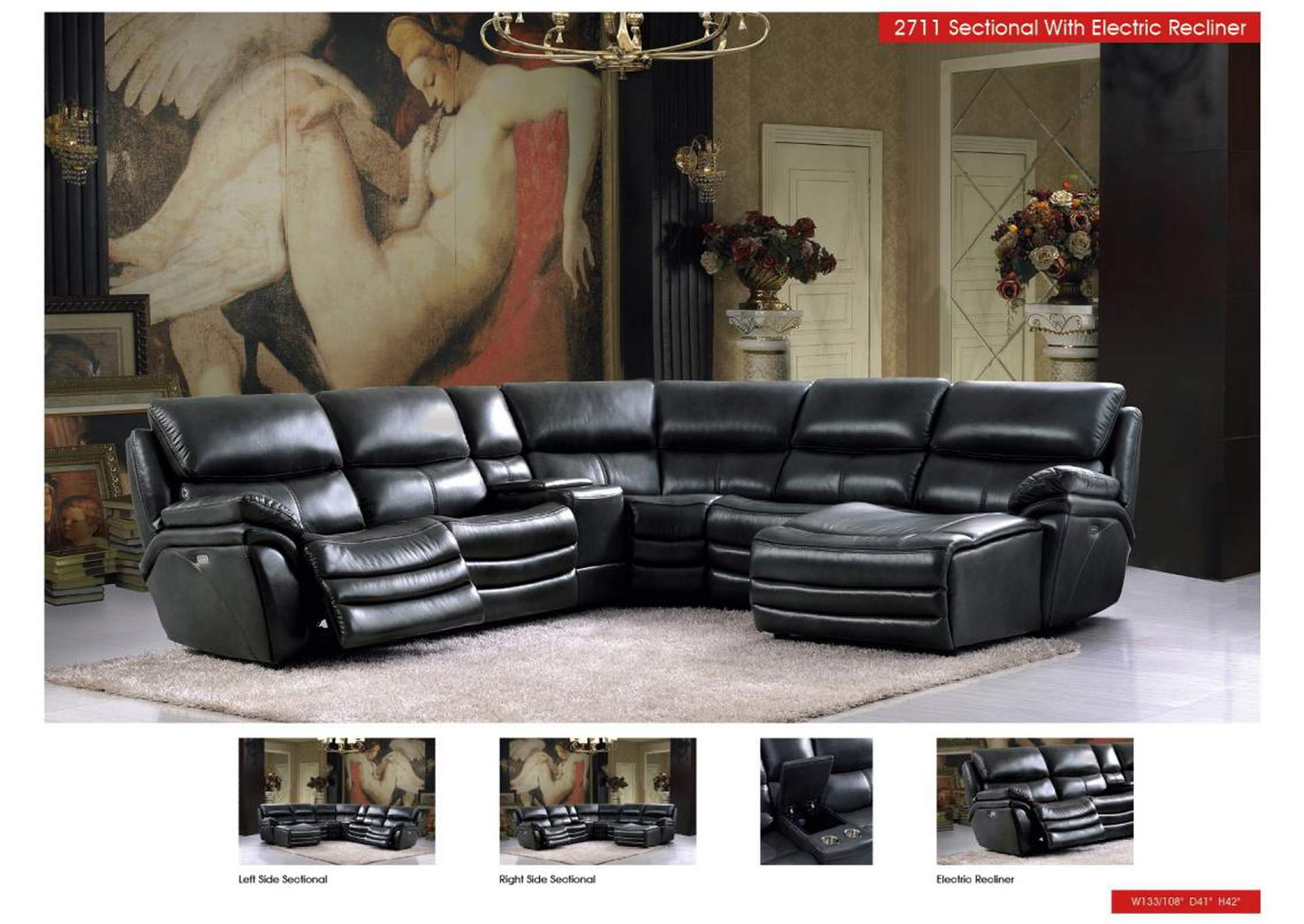 2711 Sectional with 3 Electric Recliners Dark Grey SET,ESF Wholesale Furniture