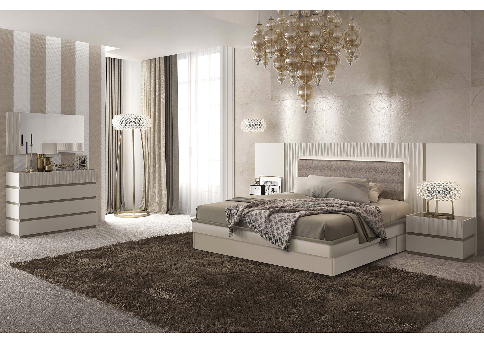 Marina Beige & White Panel Queen Bed W/ Dresser & Mirror,ESF Wholesale Furniture