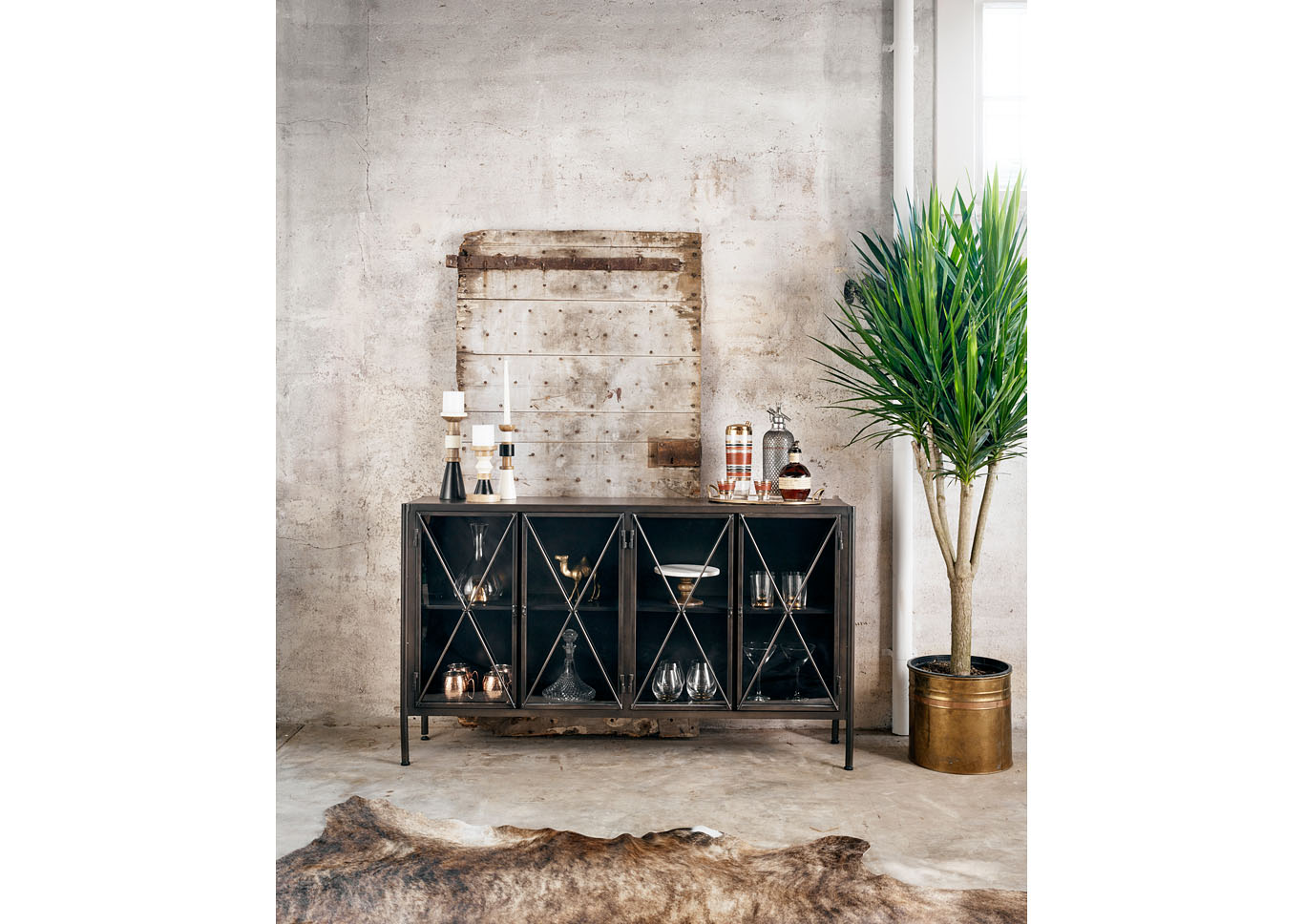 Waxed Black (pc) + Tempered Glass Irondale Allegra Sideboard-Waxed Black,Four Hands Furnishing Style