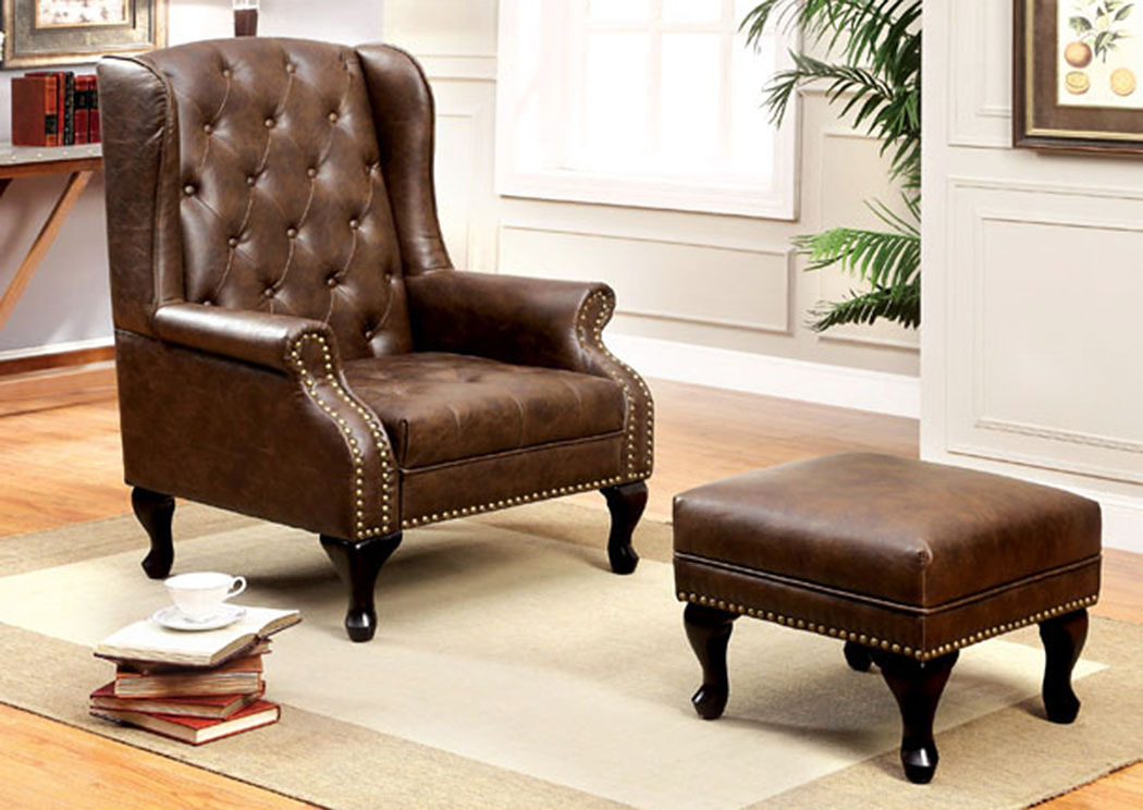 Vaughn Rustic Brown Leatherette Accent Chair w/Ottoman,Furniture of America TX
