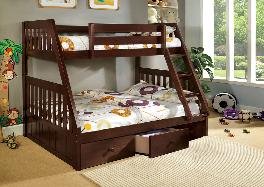 Canberra Dark Walnut Twin/Full Bunk Bed w/3 Underbed Drawers,Furniture of America