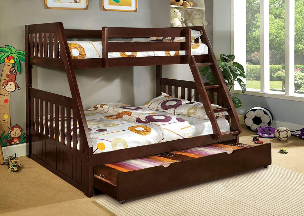 Canberra Dark Walnut Twin/Full Bunk Bed w/Dresser and Mirror,Furniture of America