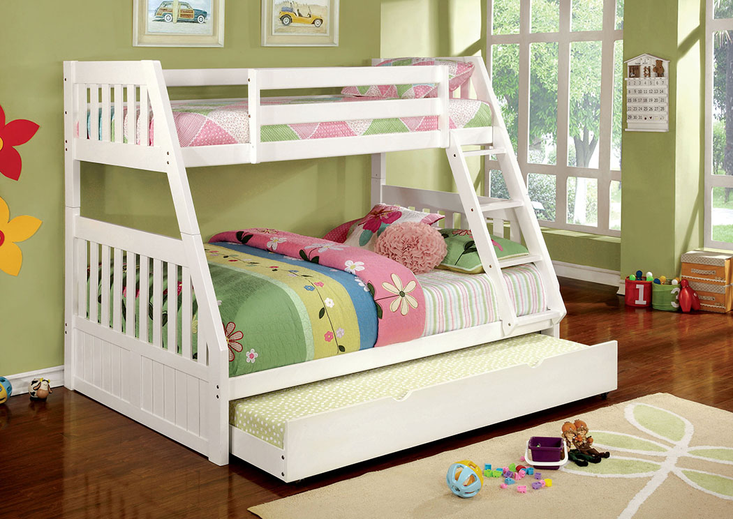 Canberra ll White Twin/Full Trundle Bunk Bed w/Dresser and Mirror,Furniture of America