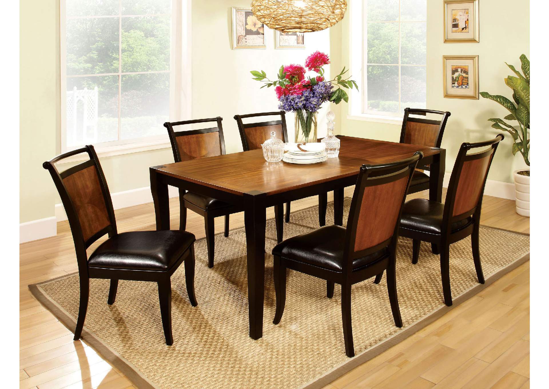 Salida l Black/Acacia Dining Table w/6 Side Chair,Furniture of America