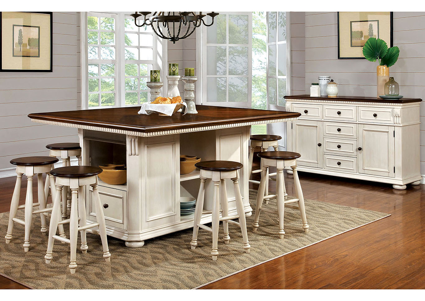 Sabrina Cherry and White Counter Table w/6 Counter Stool,Furniture of America