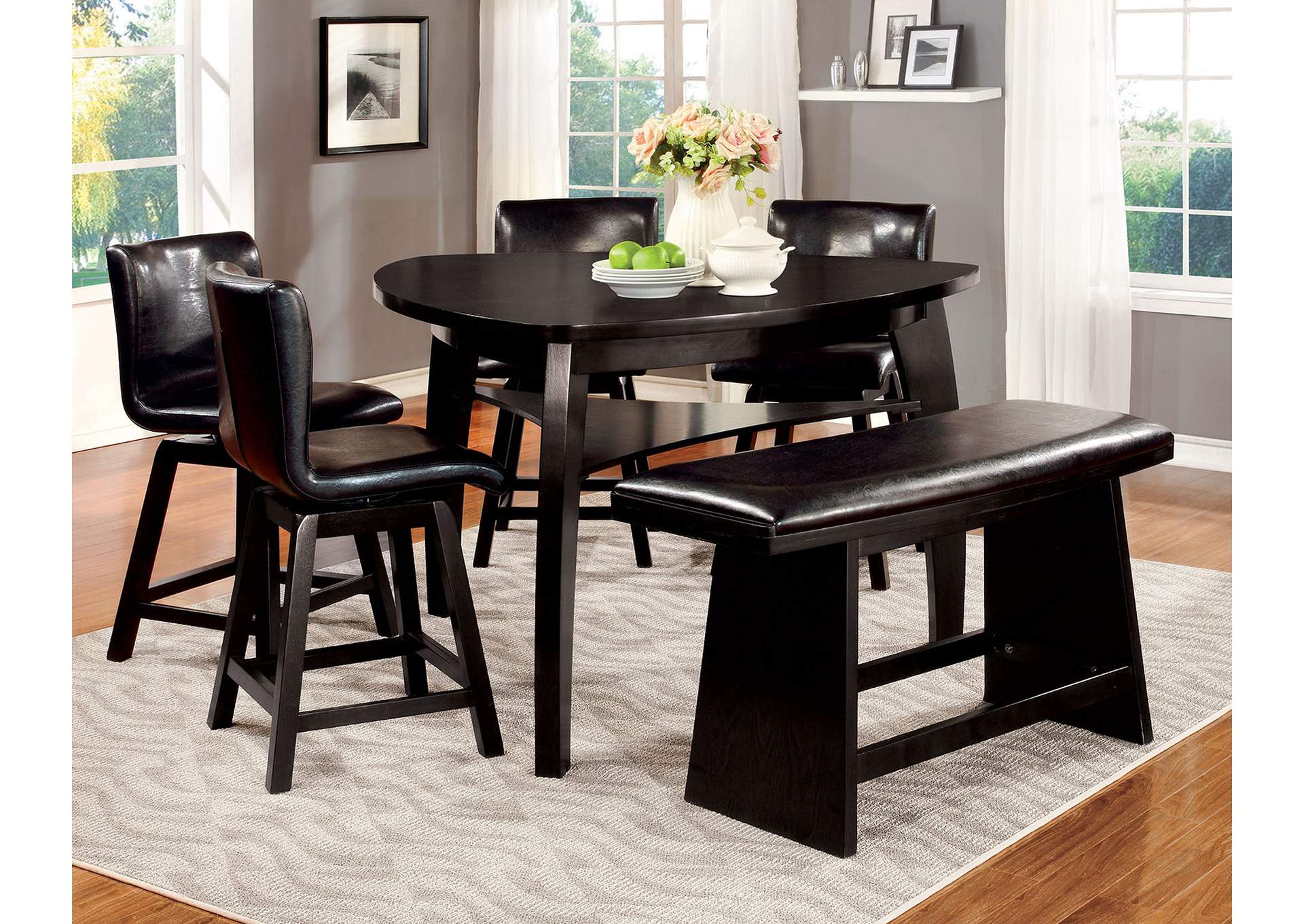 Hurley Black Counter Table w/Bench and 4 Counter Chair,Furniture of America