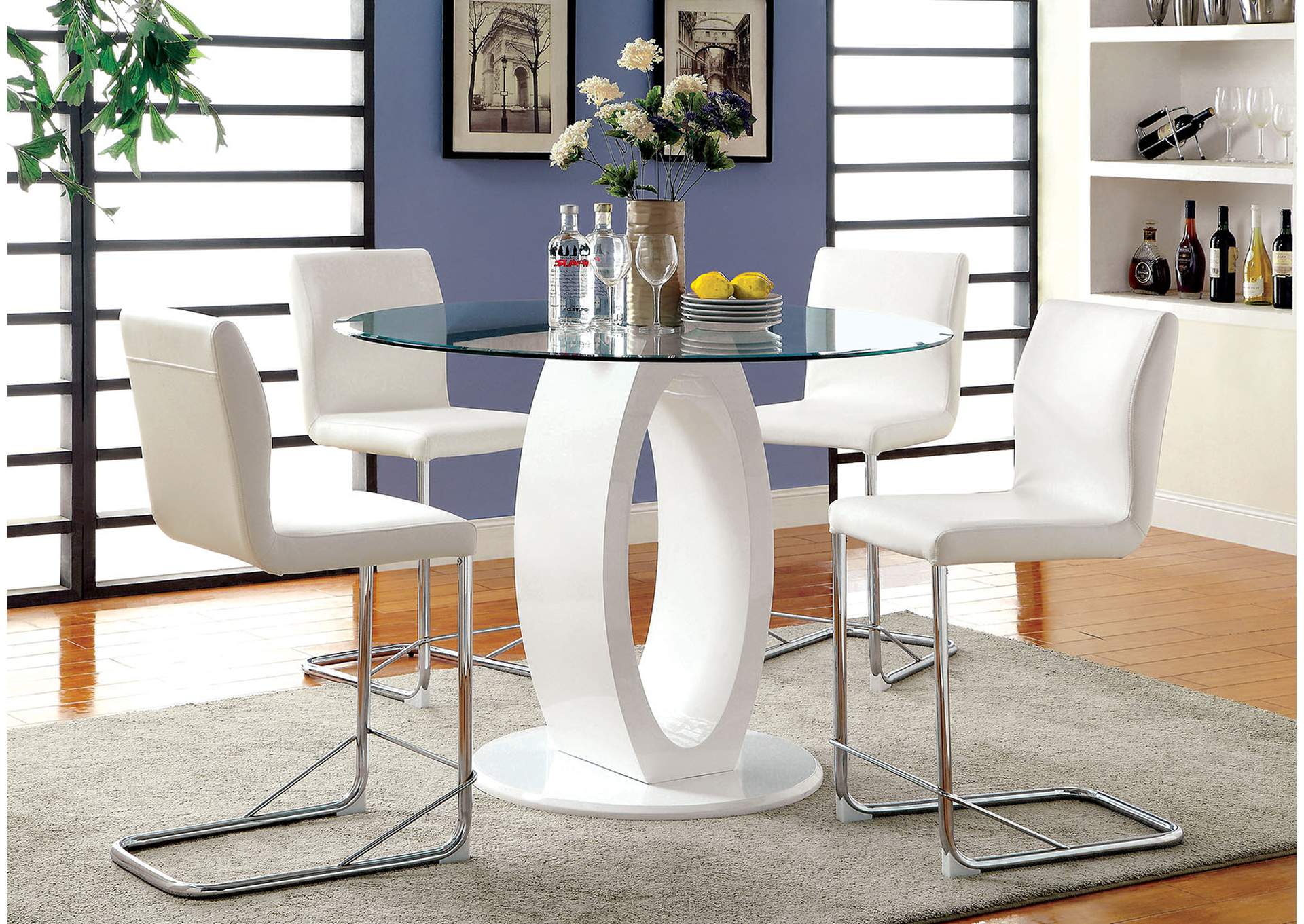 Lodia II White Counter Table w/4 Counter Chair,Furniture of America