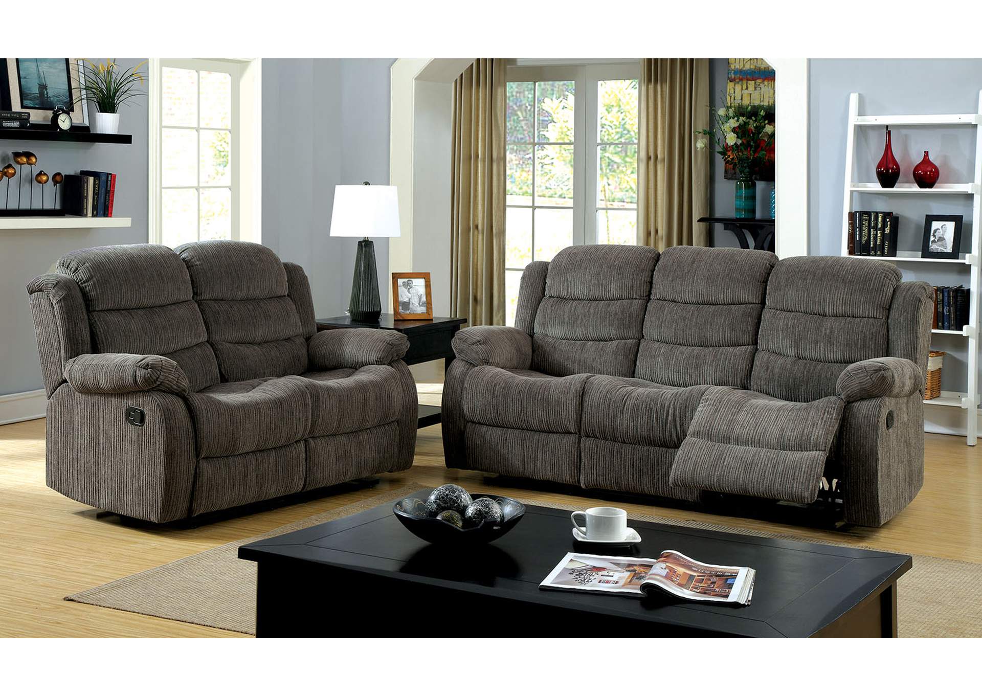 Millville Gray Chenille Motion Sofa and Loveseat,Furniture of America