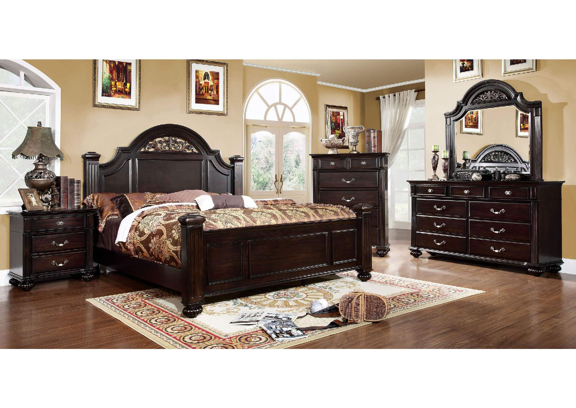 Syracuse Dark Walnut California King Poster Bed w/Dresser and Mirror,Furniture of America