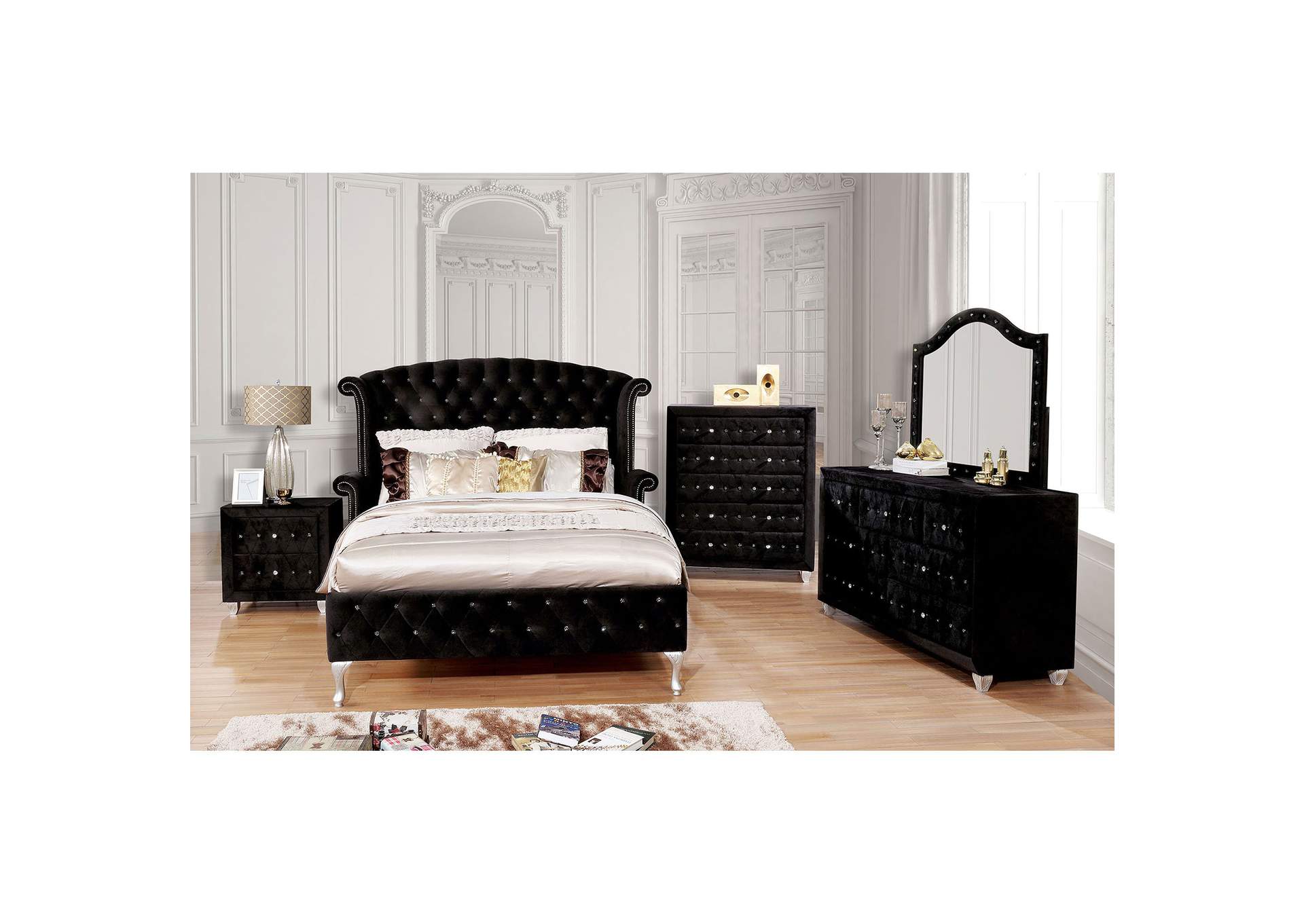 Alzire Black Upholstered Queen Platform Bed w/Dresser & Mirror,Furniture of America