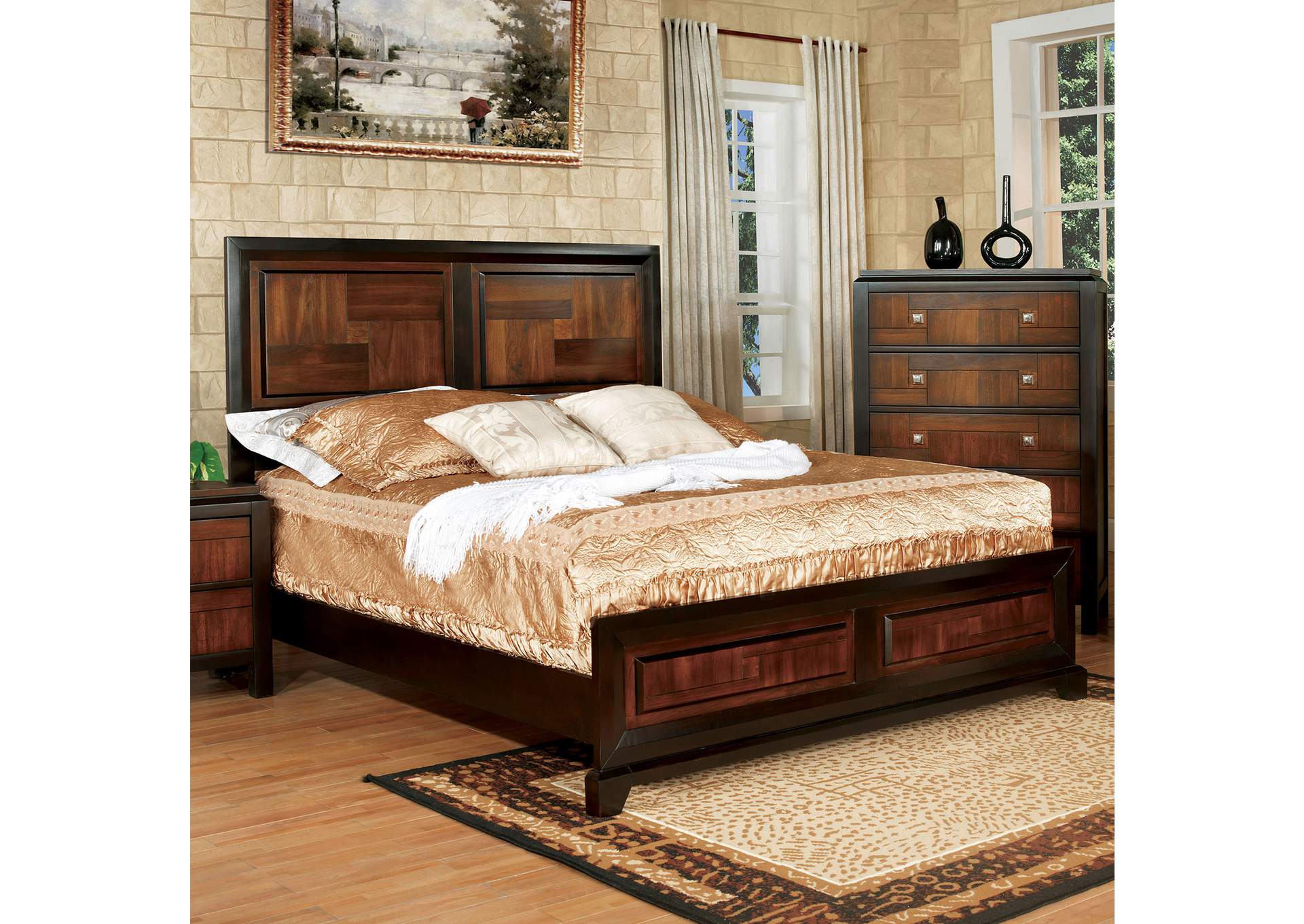 Patra Acacia & Walnut Queen Panel Bed w/Dresser and Mirror,Furniture of America