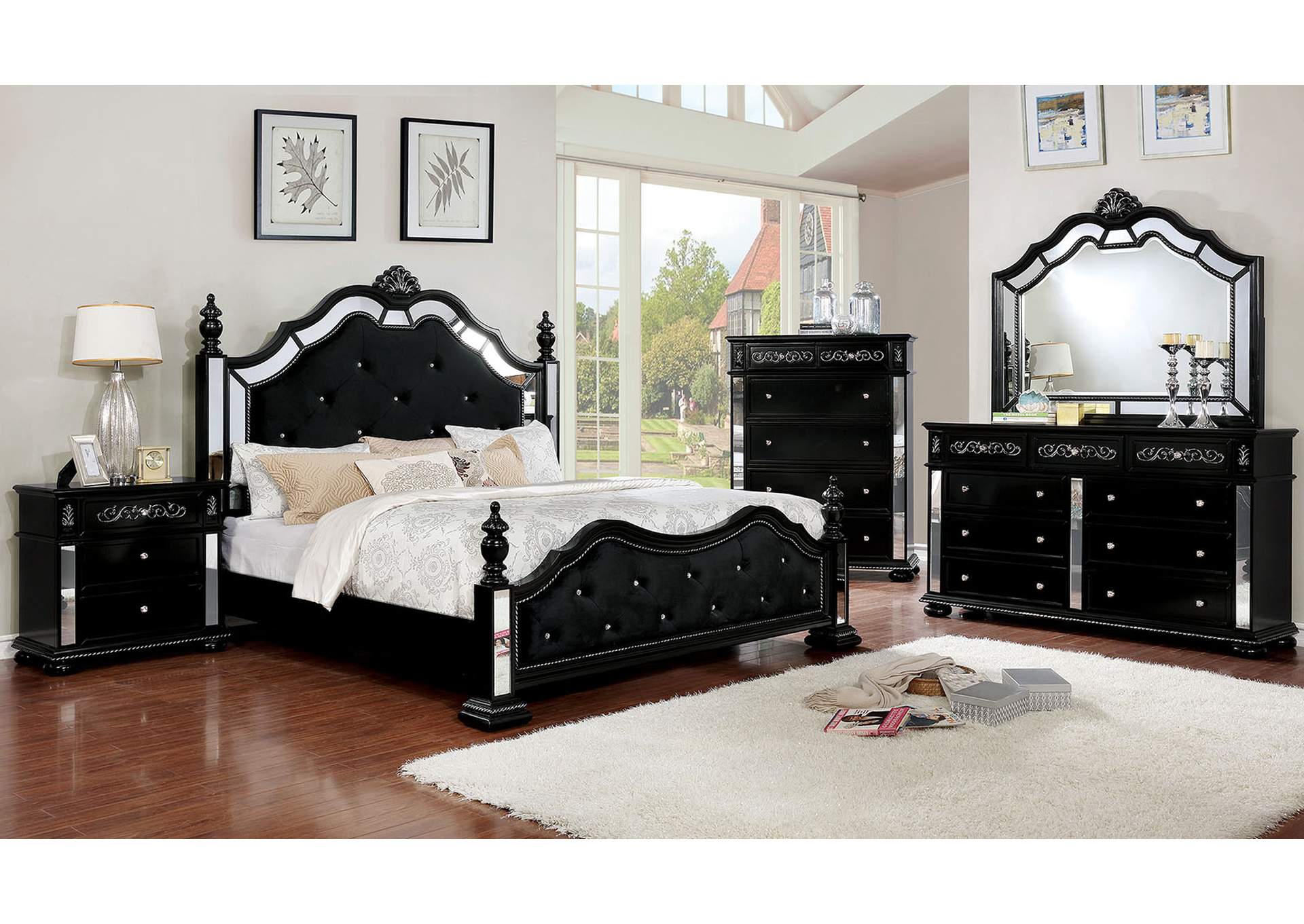 Azha Black California King Poster Bed w/Dresser & Mirror