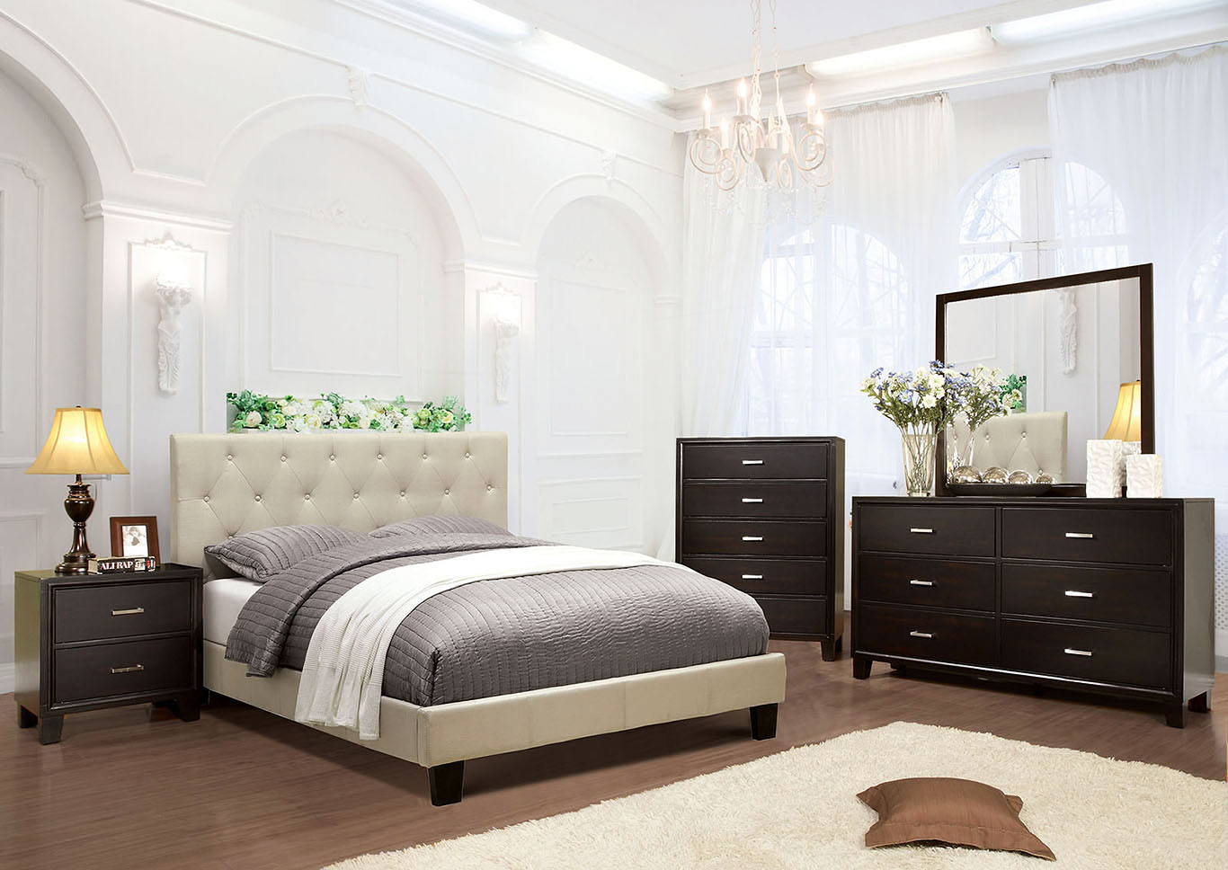 Leeroy Ivory Full Platform Bed w/Espresso Dresser and Mirror,Furniture of America