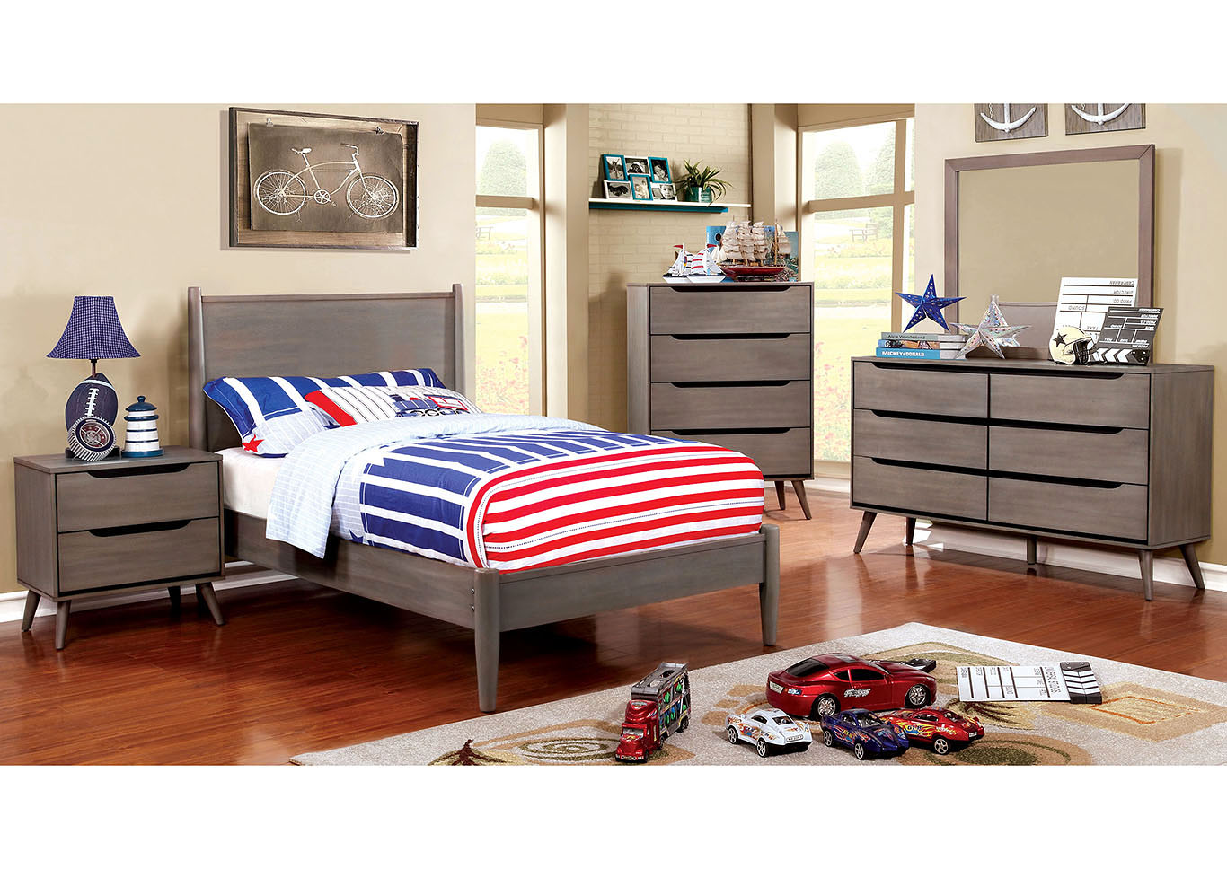 Lennart I Gray Twin Platform Bed w/Dresser and Mirror,Furniture of America