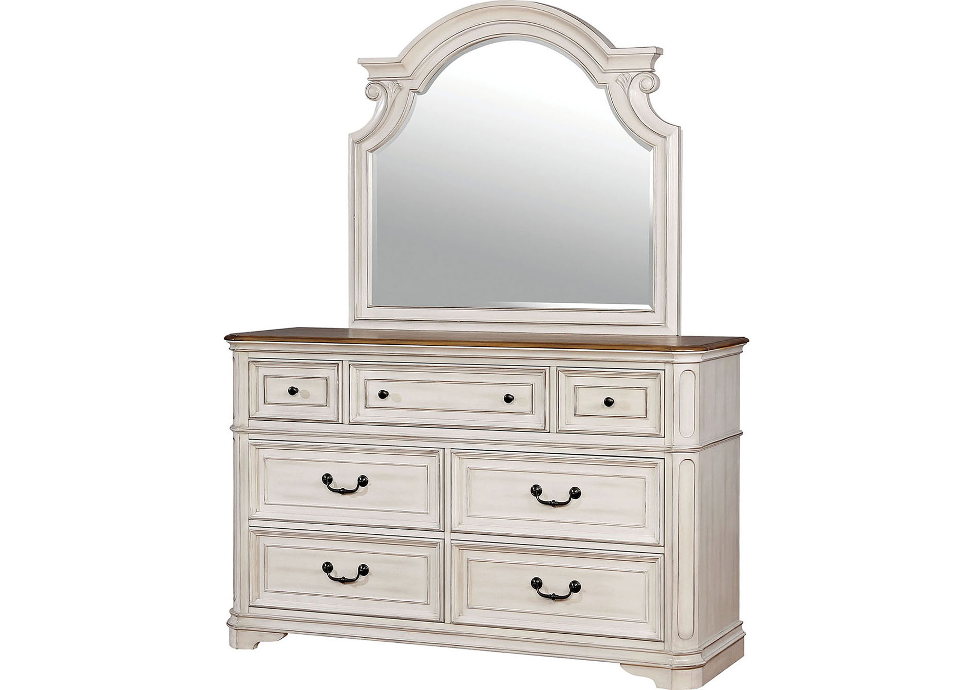 Pembroke Antique Whitewash Queen Panel Bed w/Dresser and Mirror,Furniture of America