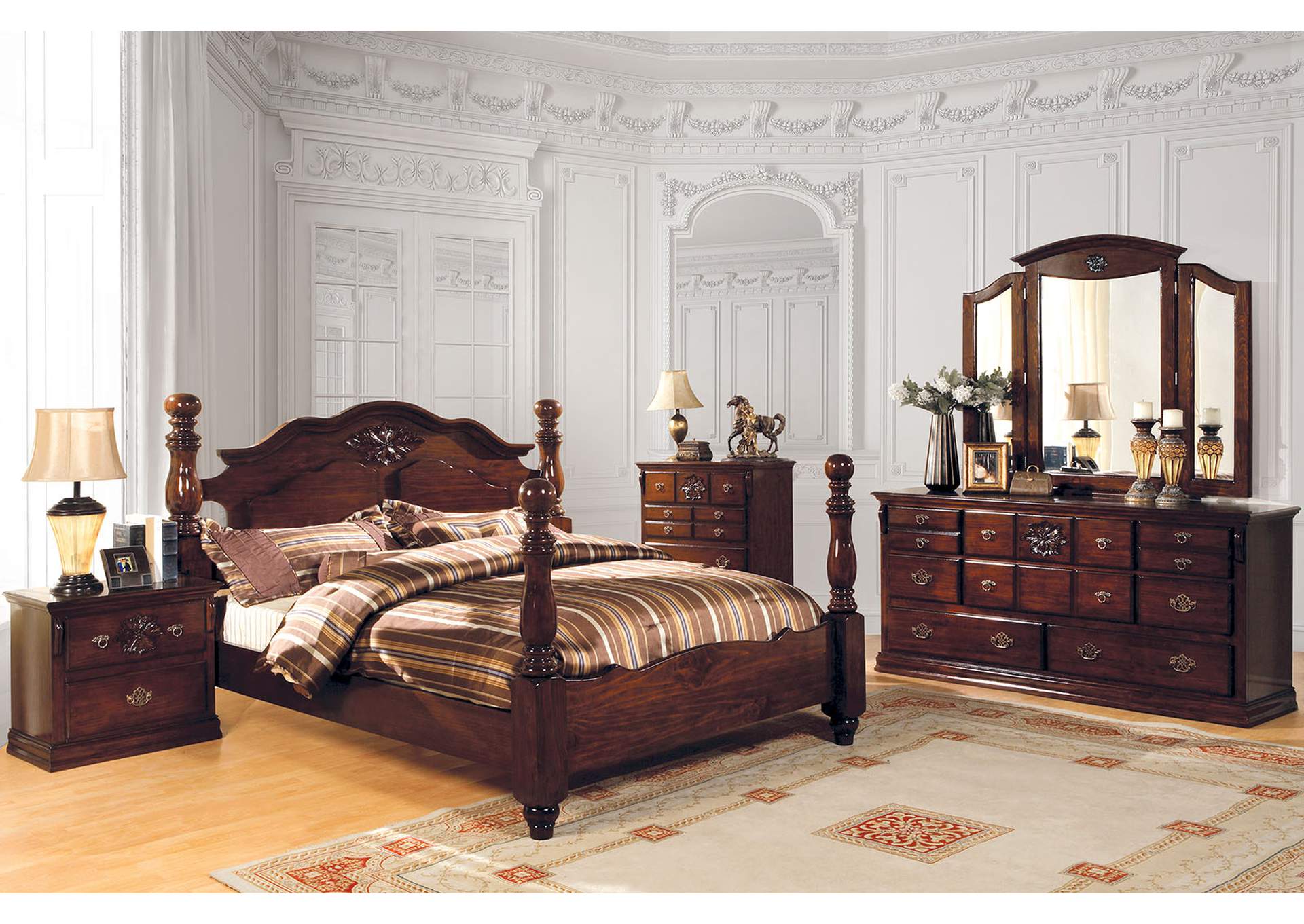 Tuscan II Dark Pine California King Poster Bed w/Dresser and Mirror,Furniture of America