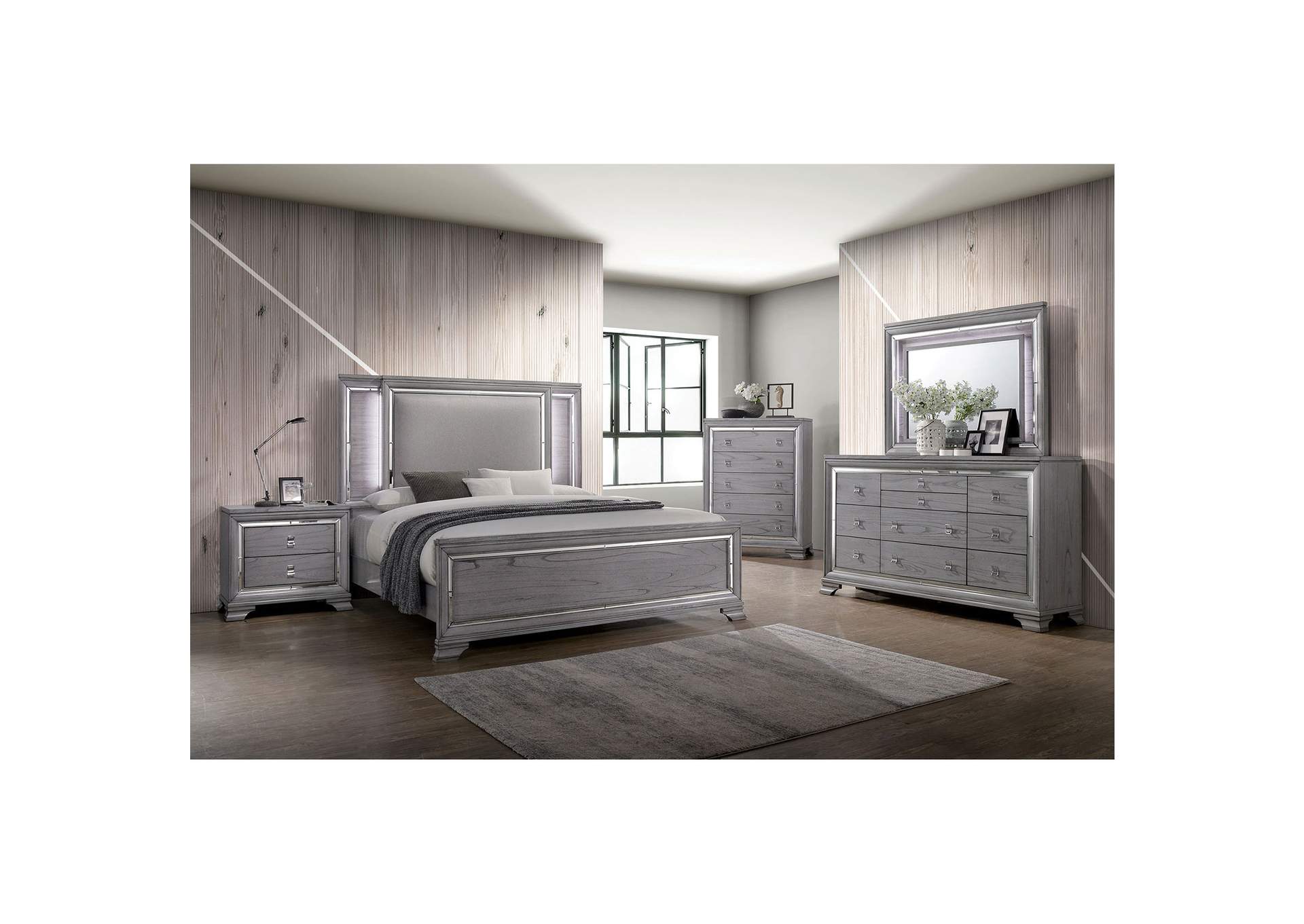 Alanis Light Gray Mirror/LED Trim California King Panel Bed w/Dresser and Mirror,Furniture of America