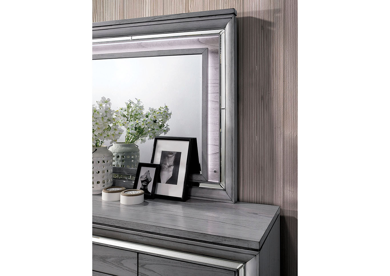 Alanis Light Gray Mirror Trim Dresser and Mirror,Furniture of America
