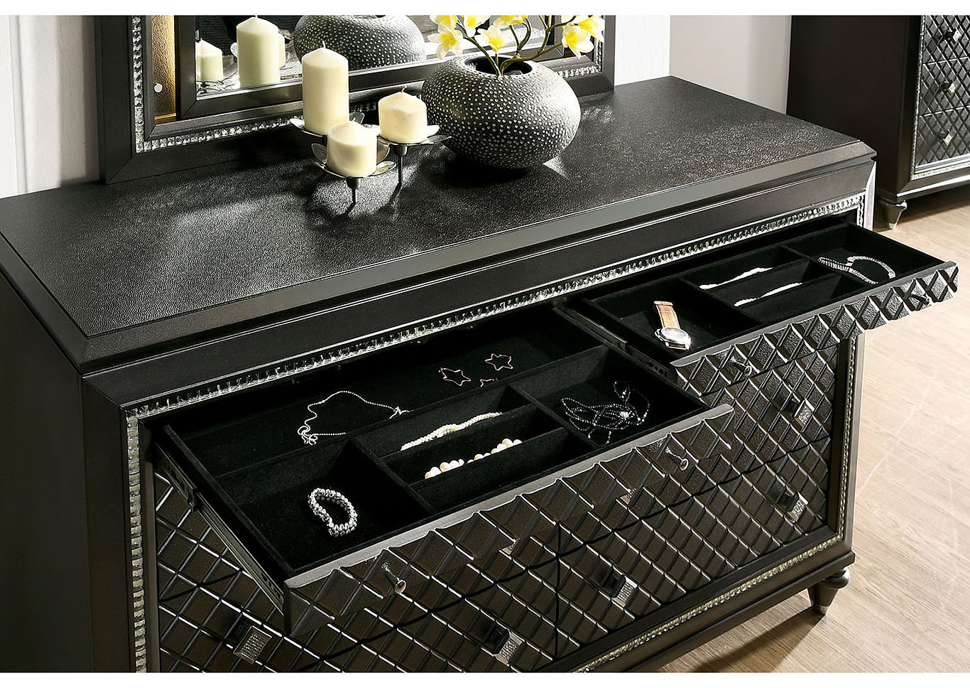 Demetria Black/Metallic Gray LED California King Panel Bed w/Dresser and Mirror,Furniture of America