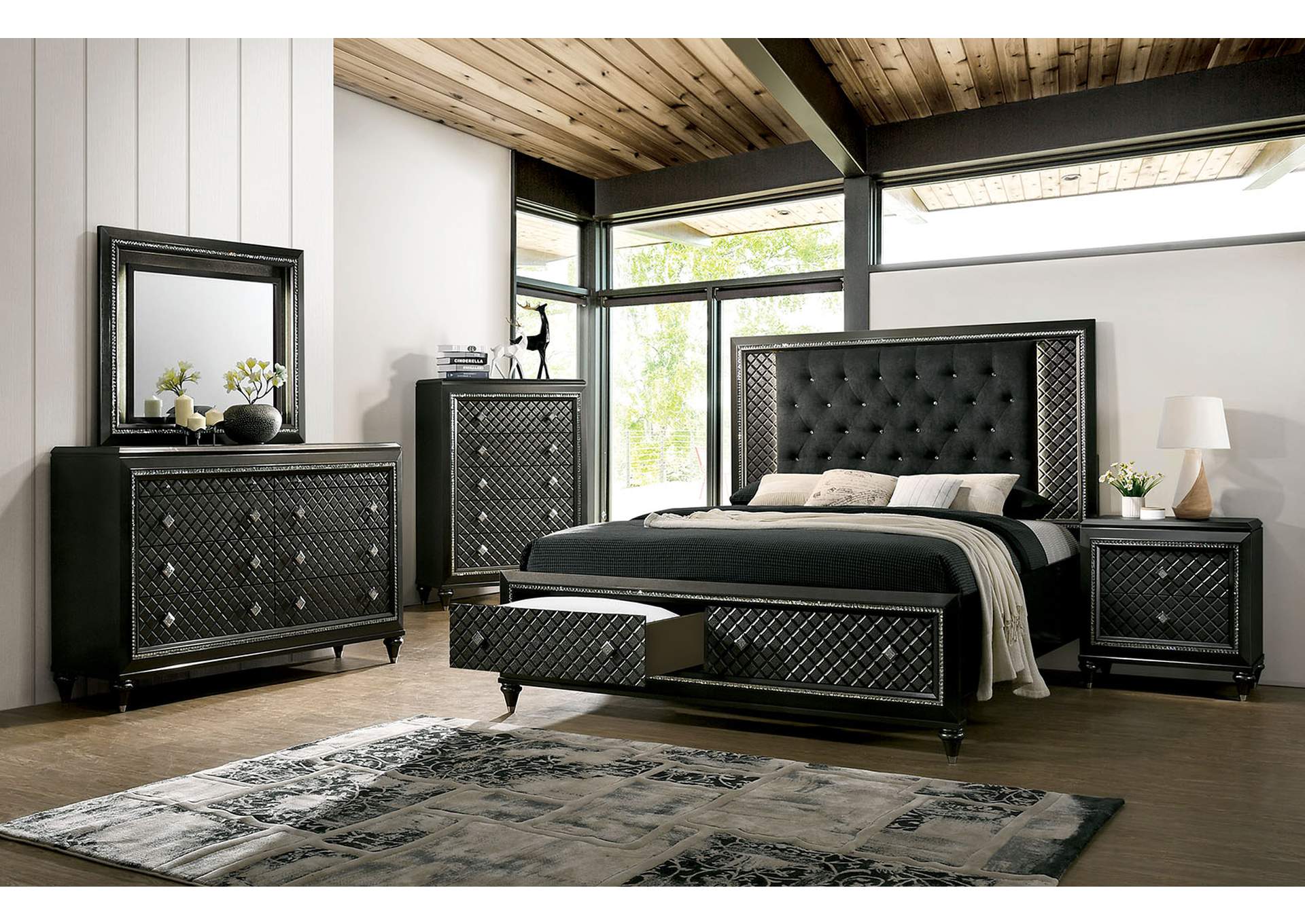 Demetria Black/Metallic Gray LED Eastern King Storage Bed w/Dresser and Mirror,Furniture of America