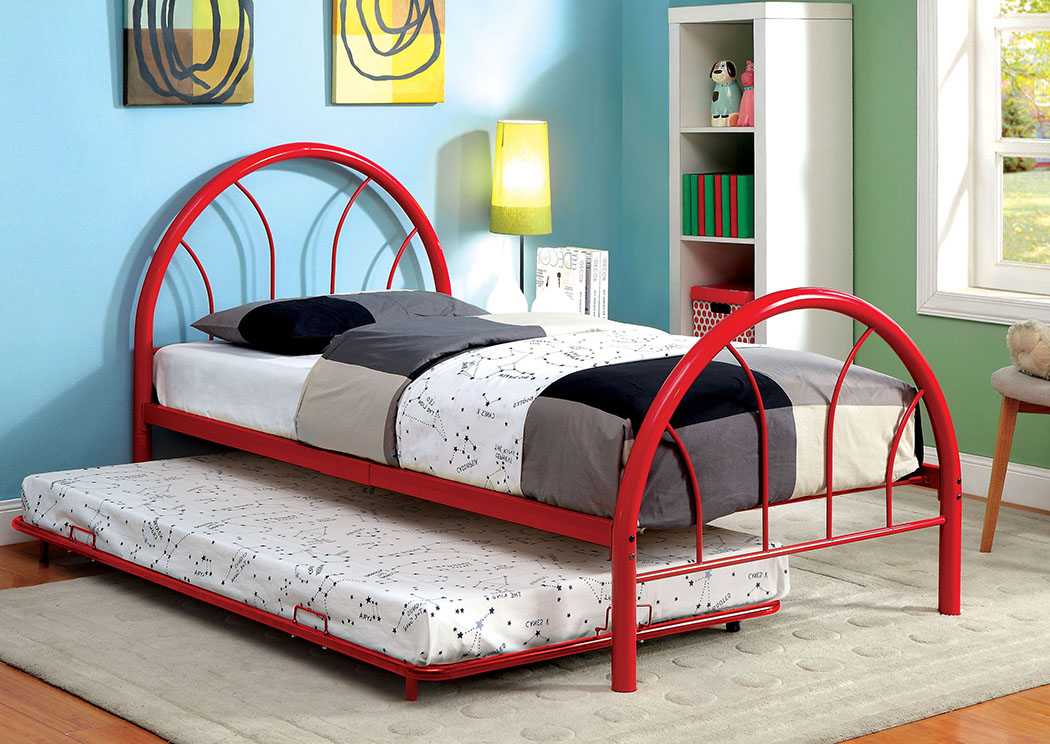 Rainbow Red High Headboard Full Metal Platform Bed w/Trundle,Furniture of America