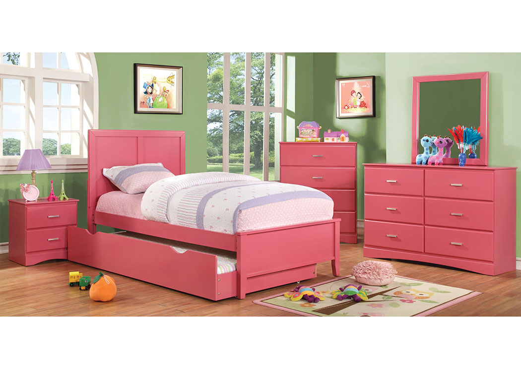 <Prismo Pink Twin Platform Trundle Bed w/Dresser, Mirror, Drawer Chest, and Nightstand