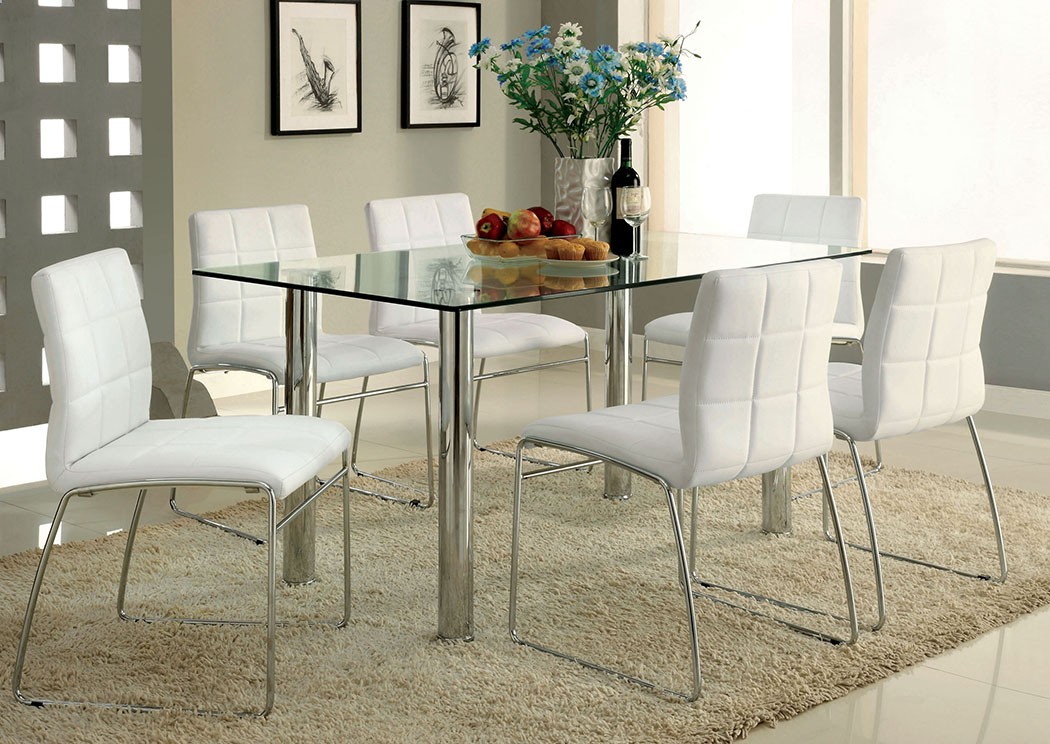 Oahu Chrome Dining Table W 6 White Side, Glass Chrome Dining Room Sets