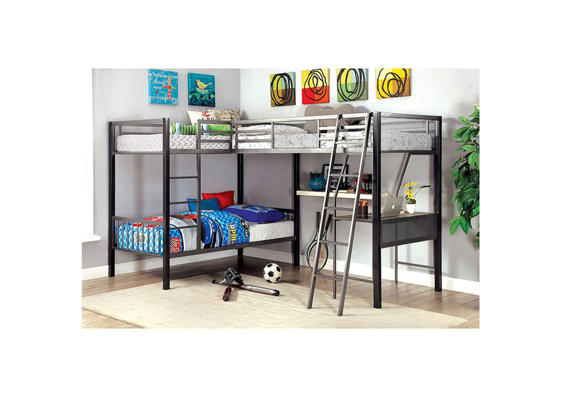 Ballarat L-shaped Triple Twin Bunk Bed,Furniture of America