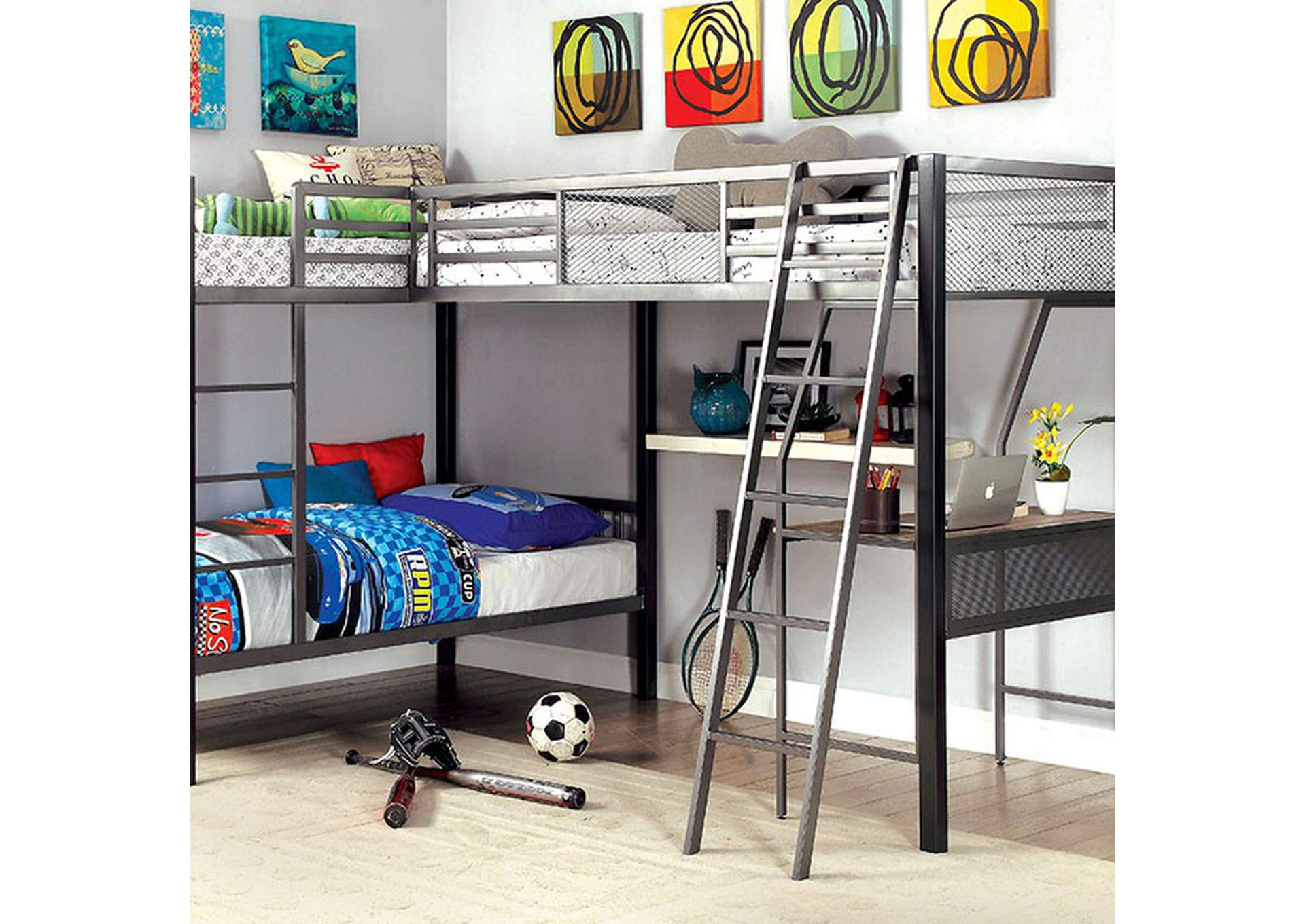 Ballarat L-shaped Triple Twin Bunk Bed,Furniture of America