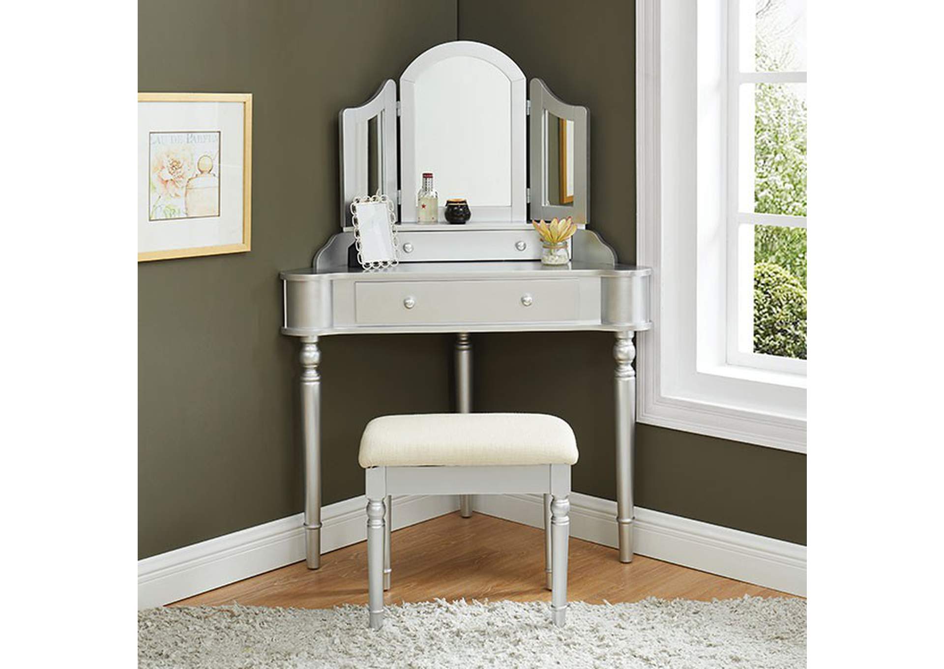 Kasey Silver Vanity w/ Stool,Furniture of America