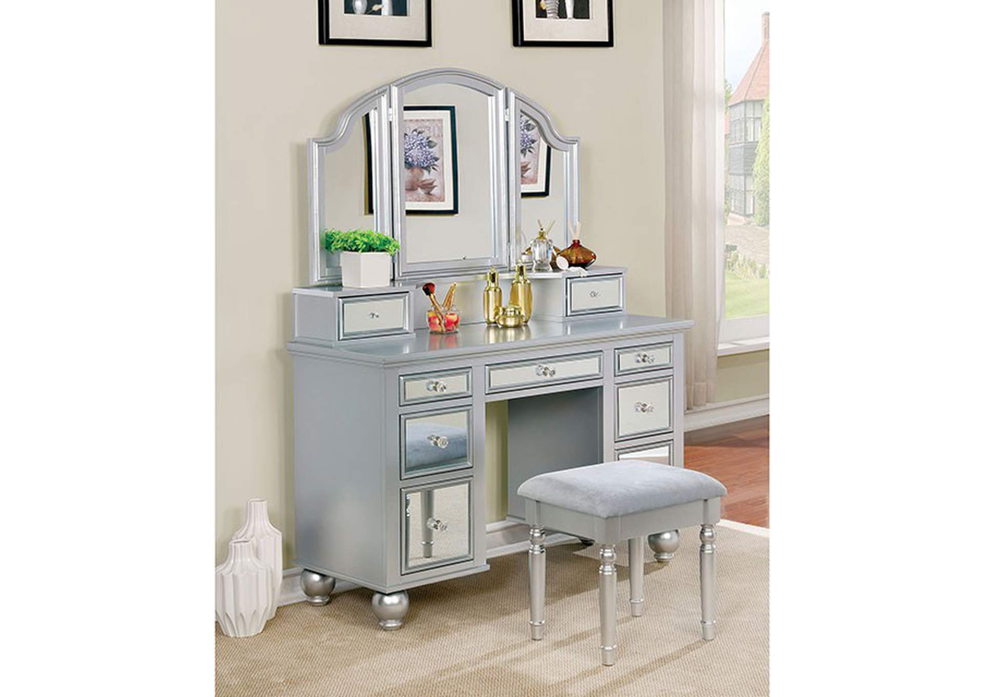 Tracy Silver Vanity w/ Stool,Furniture of America TX