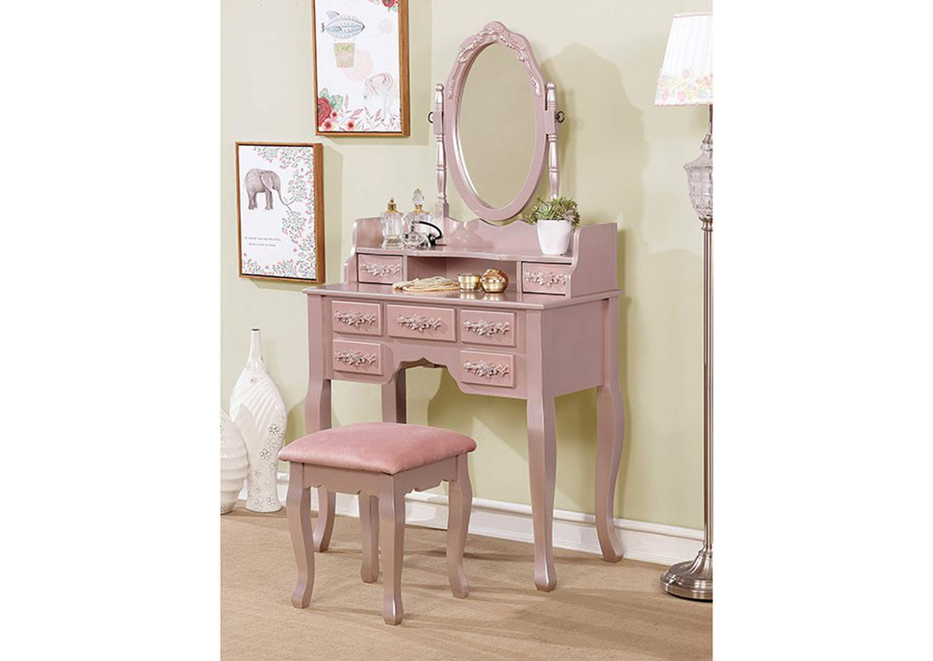 Harriet Rose Gold Vanity W/ Stool,Furniture of America