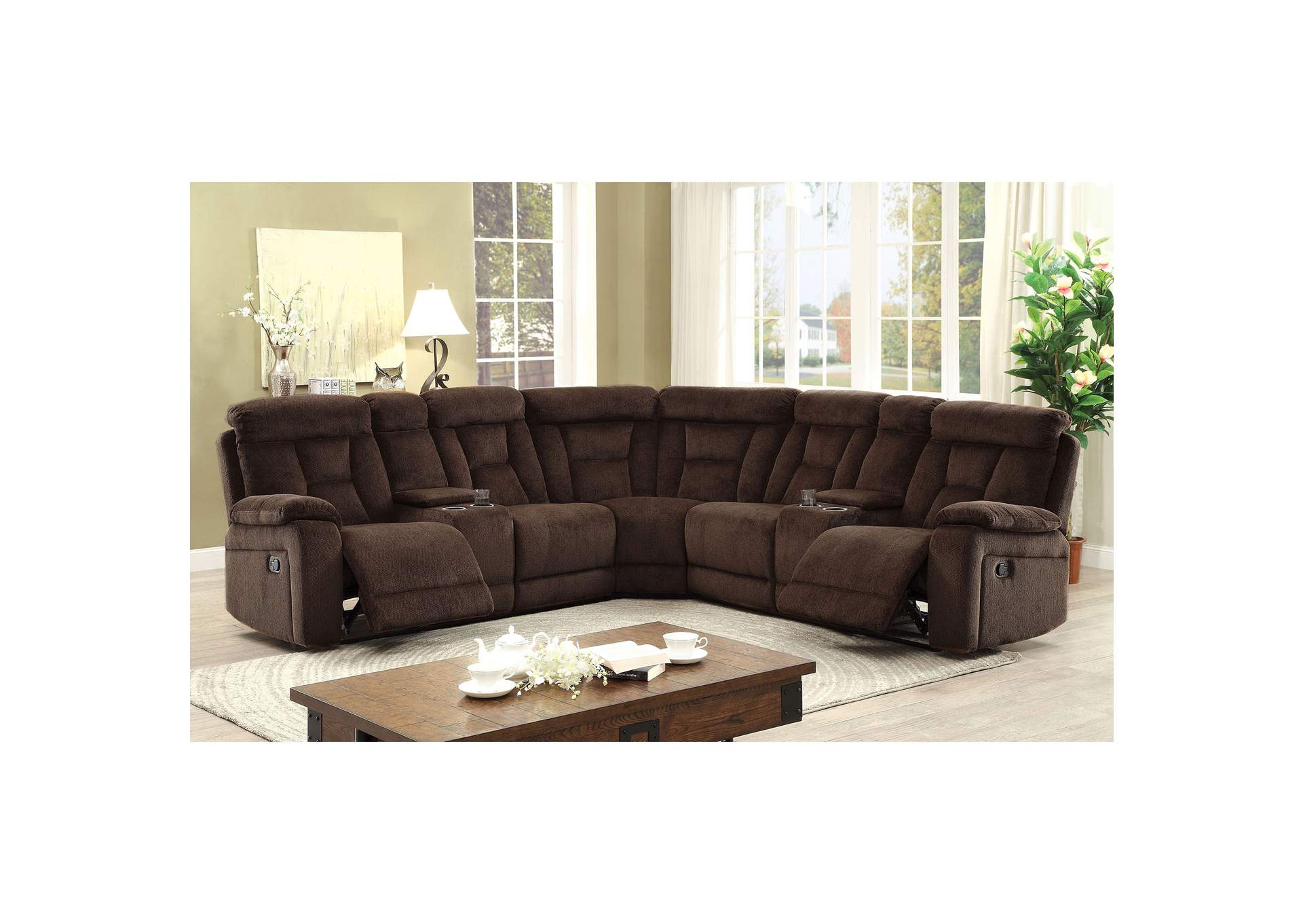 Maybell Sectional w/ 2 Consoles, Brown,Furniture of America