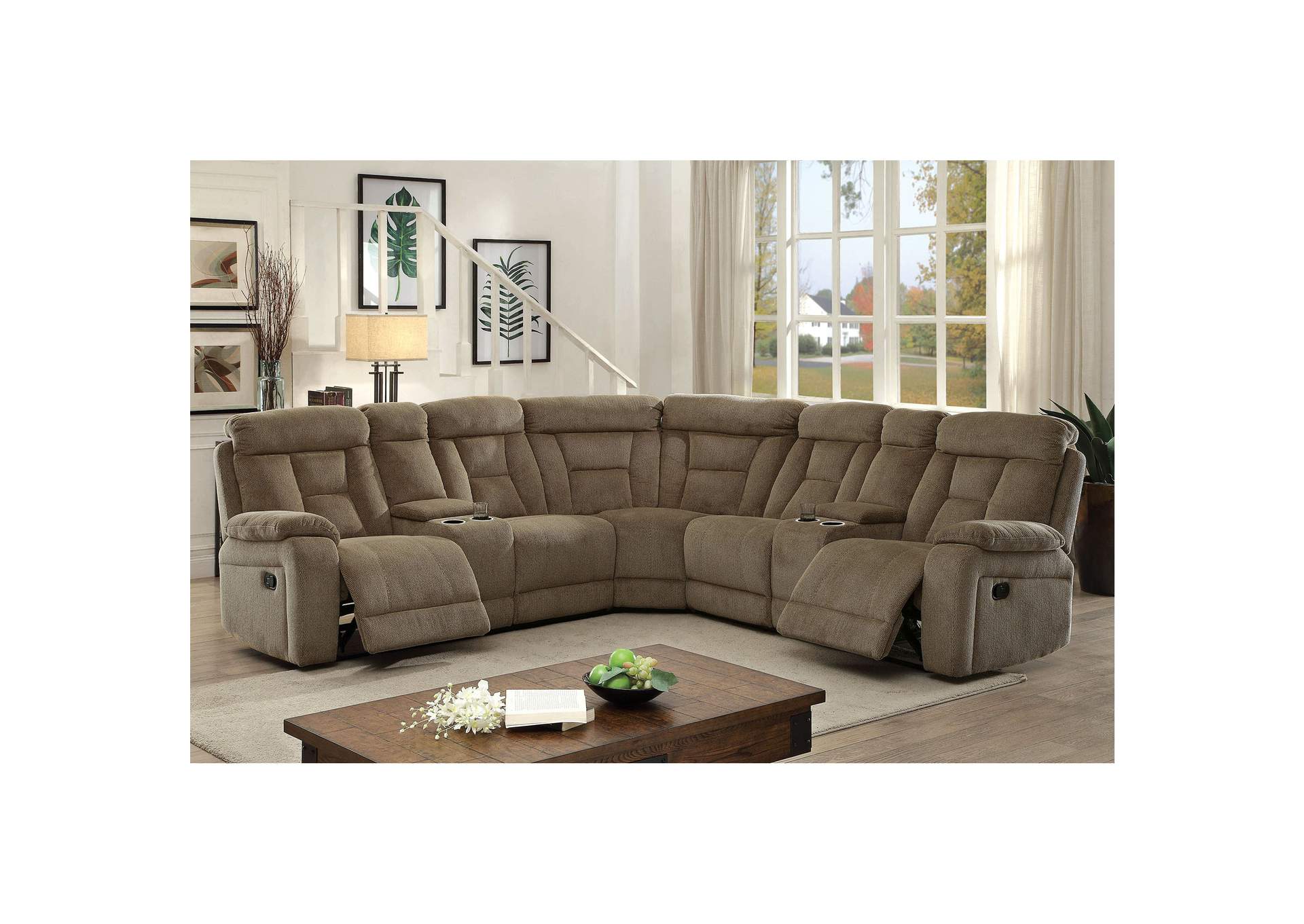 Maybell Sectional w/ 2 Consoles, Mocha,Furniture of America