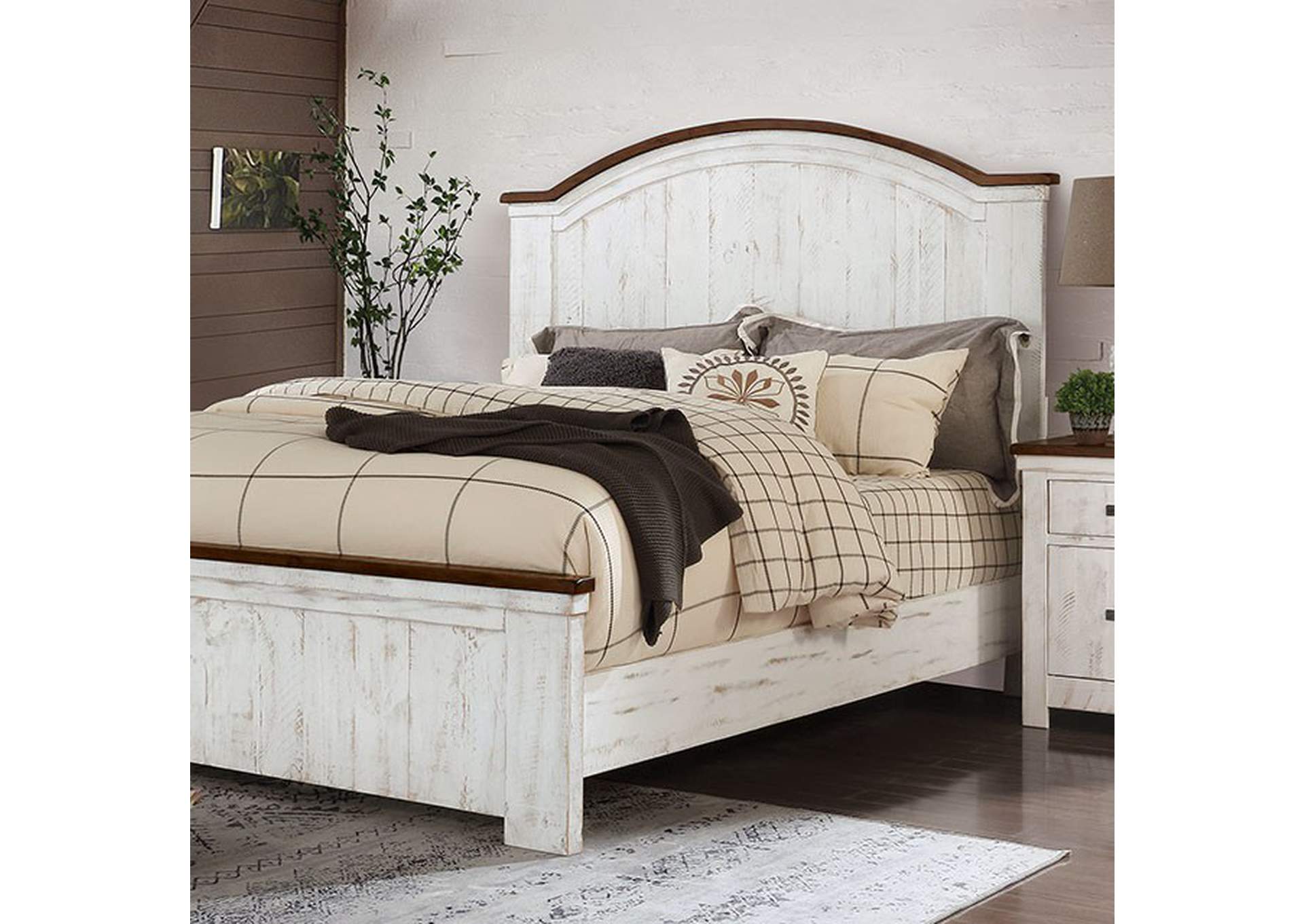 distressed white king bed