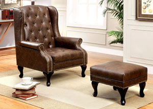 Vaughn Rustic Brown Leatherette Accent Chair w/Ottoman