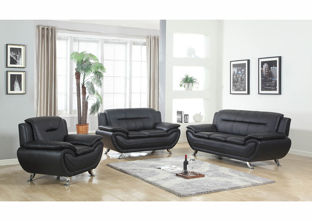 Black Leather Sofa & Loveseat w/Chrome Legs,Furniture World Distributors