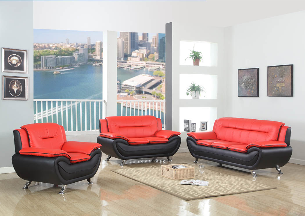 Red/Black Leather Sofa & Loveseat w/Chrome Legs,Furniture World Distributors