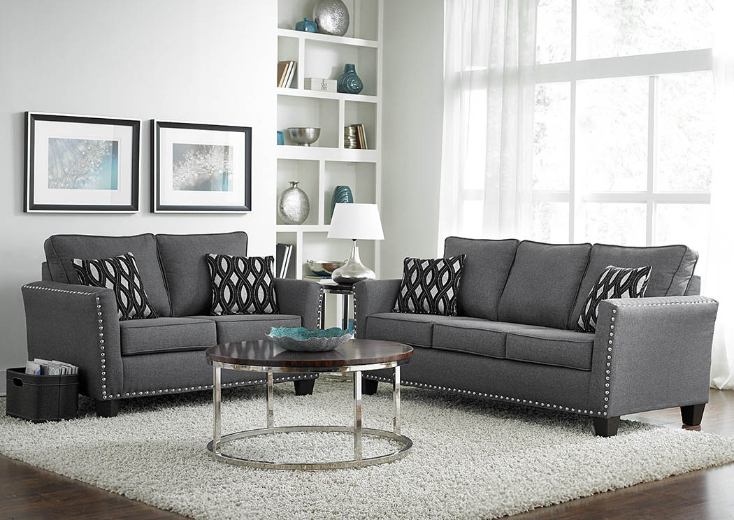 Grey Chenille Nail Head Sofa & Loveseat w/Pillows,Furniture World Distributors