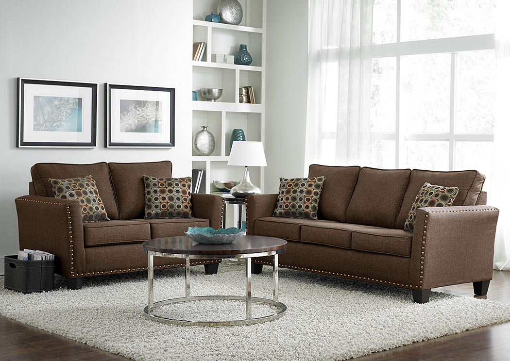 Brown Chenille Nail Head Sofa w/Pillows,Furniture World Distributors