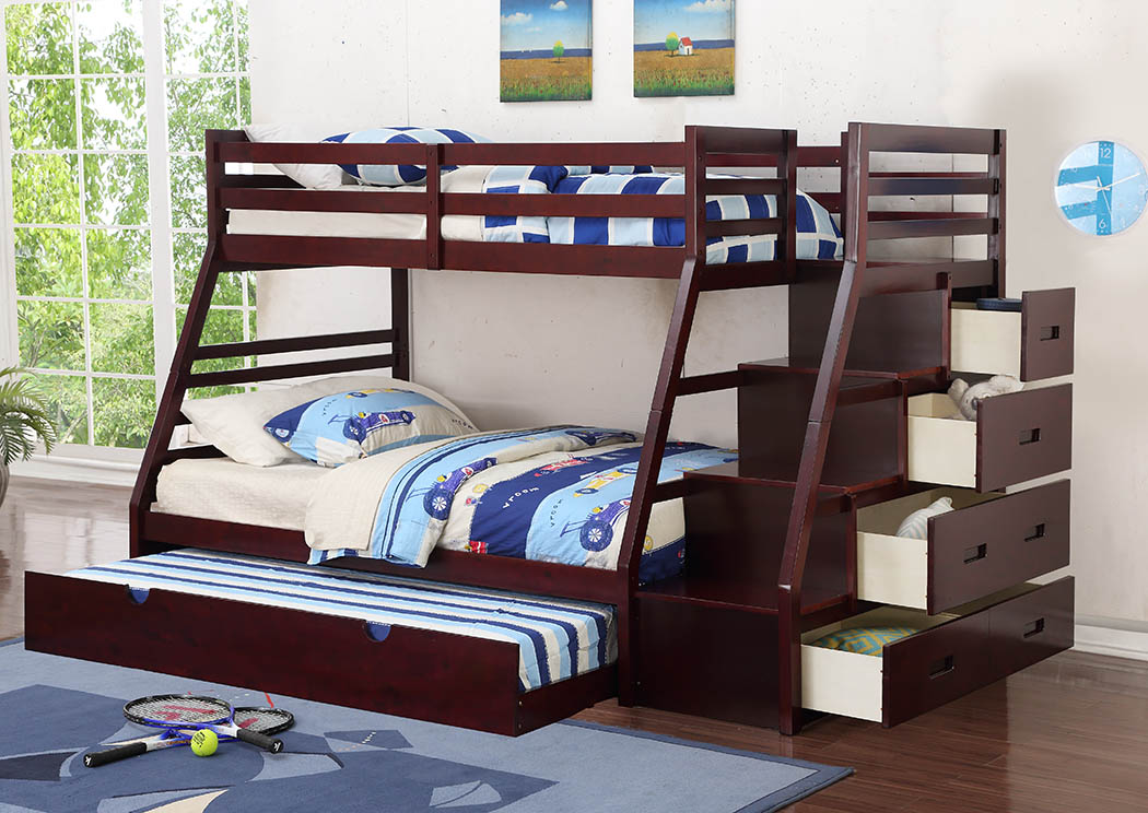 Cherry Twin/Full Staircase Bunk Bed w/Trundle,Furniture World Distributors