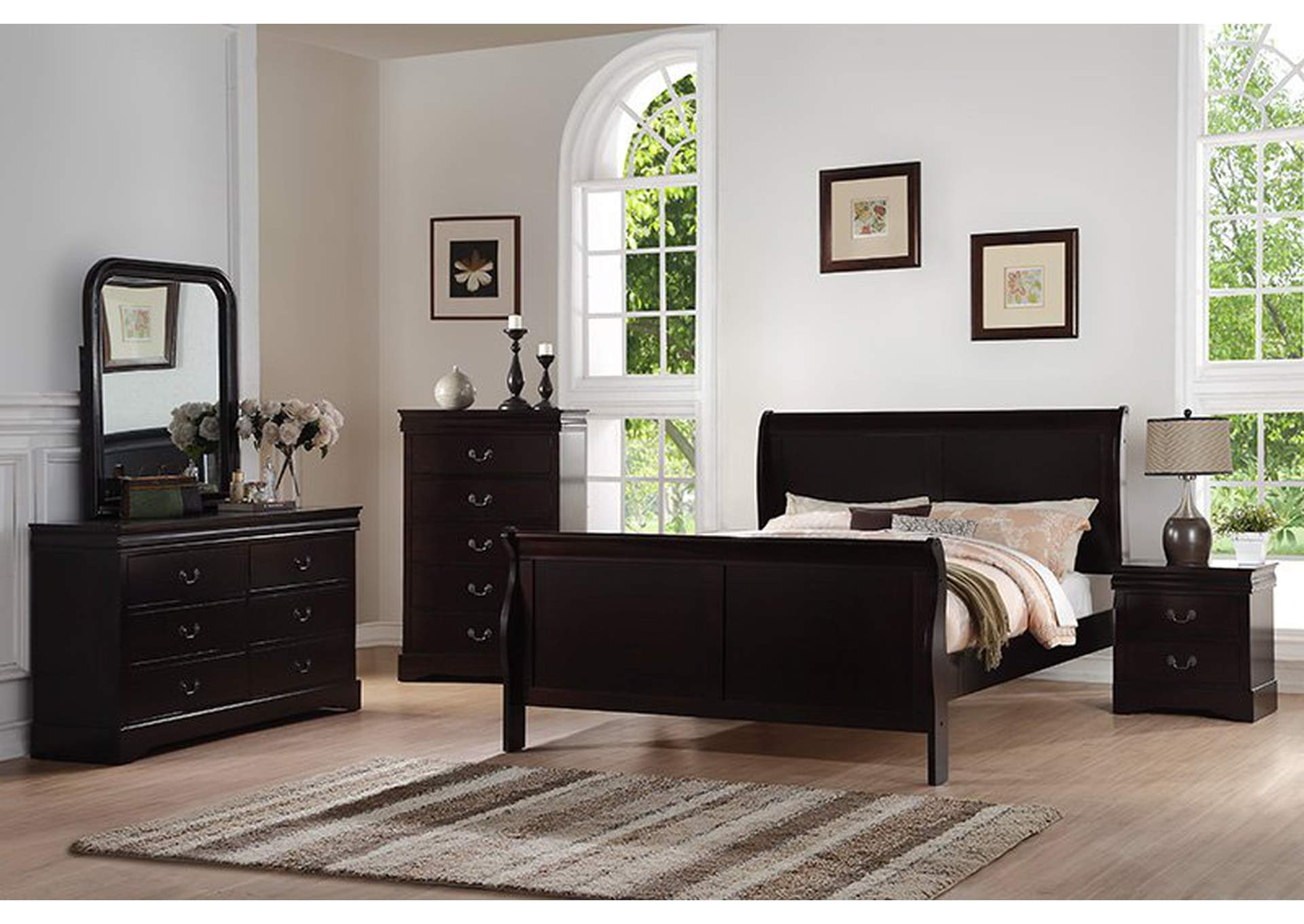 Espresso Twin Sleigh Bed w/Dresser & Mirror,Furniture World Distributors