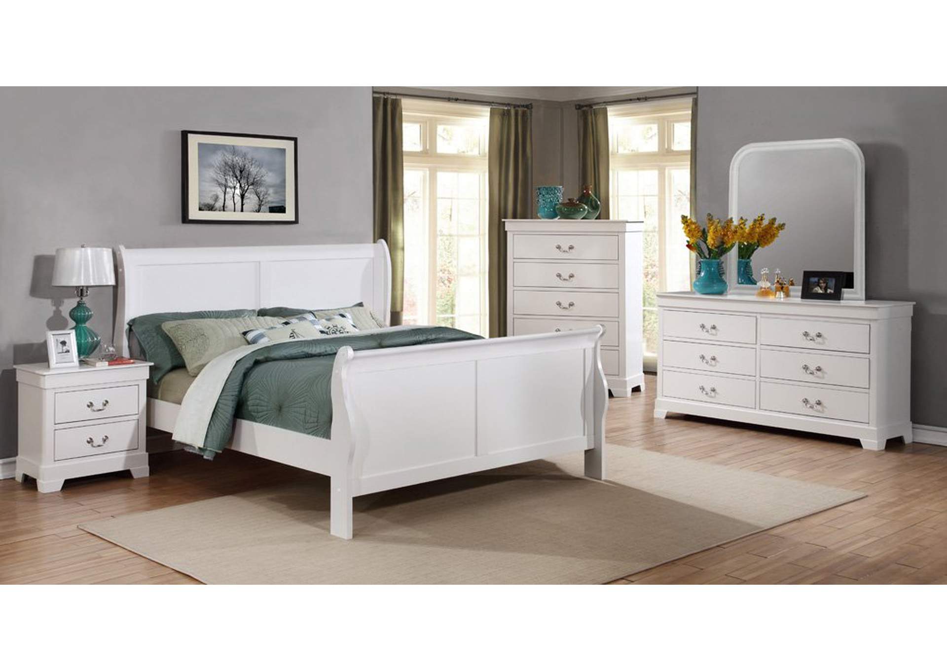 White Full Sleigh Bed w/Dresser & Mirror,Furniture World Distributors
