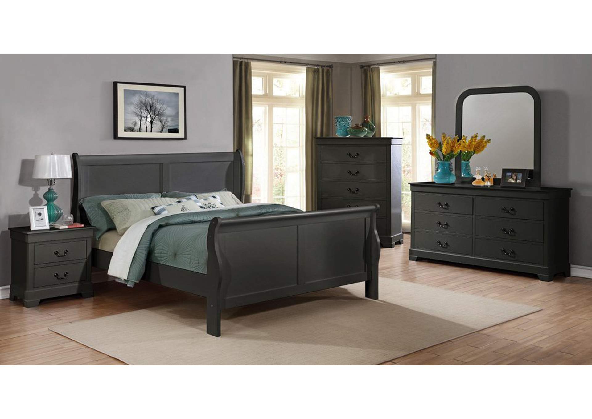Gray Full Sleigh Bed w/Dresser & Mirror,Furniture World Distributors