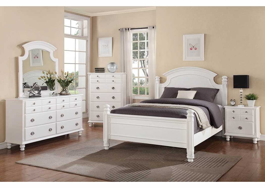 White Panel/Low Poster King Bed w/Dresser & Mirror,Furniture World Distributors