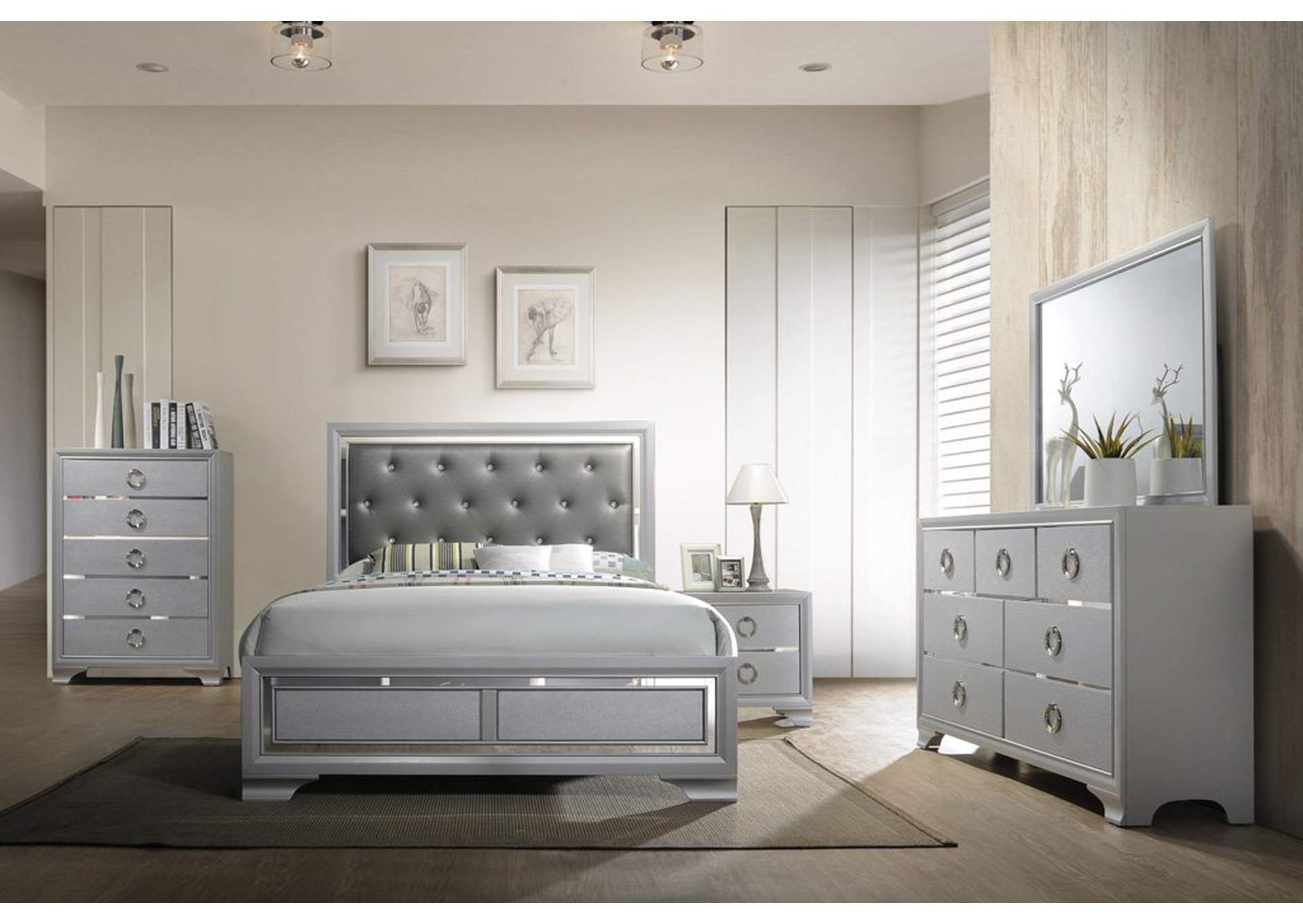 Silver Upholstered/Platform Queen Bed,Furniture World Distributors